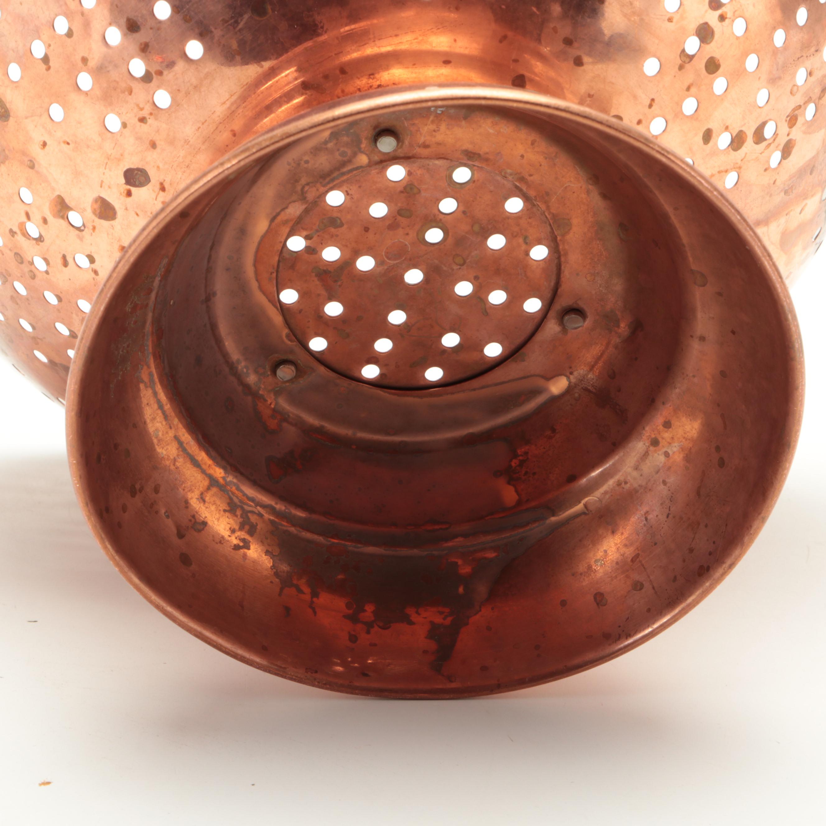 Copper Plated Frying Pan and Colander with Brass Handles