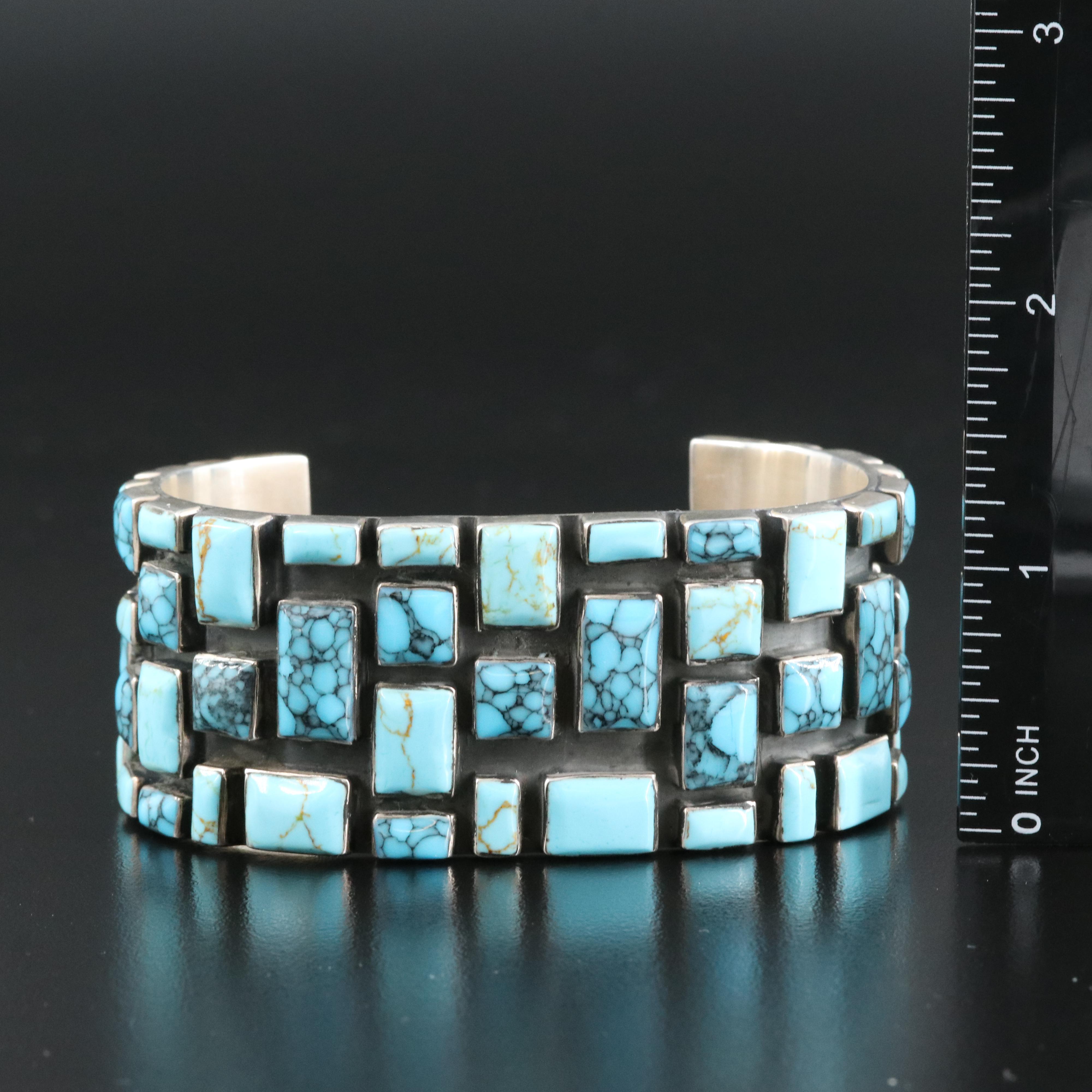 Western Signed Sterling Turquoise and Faux Turquoise Cuff