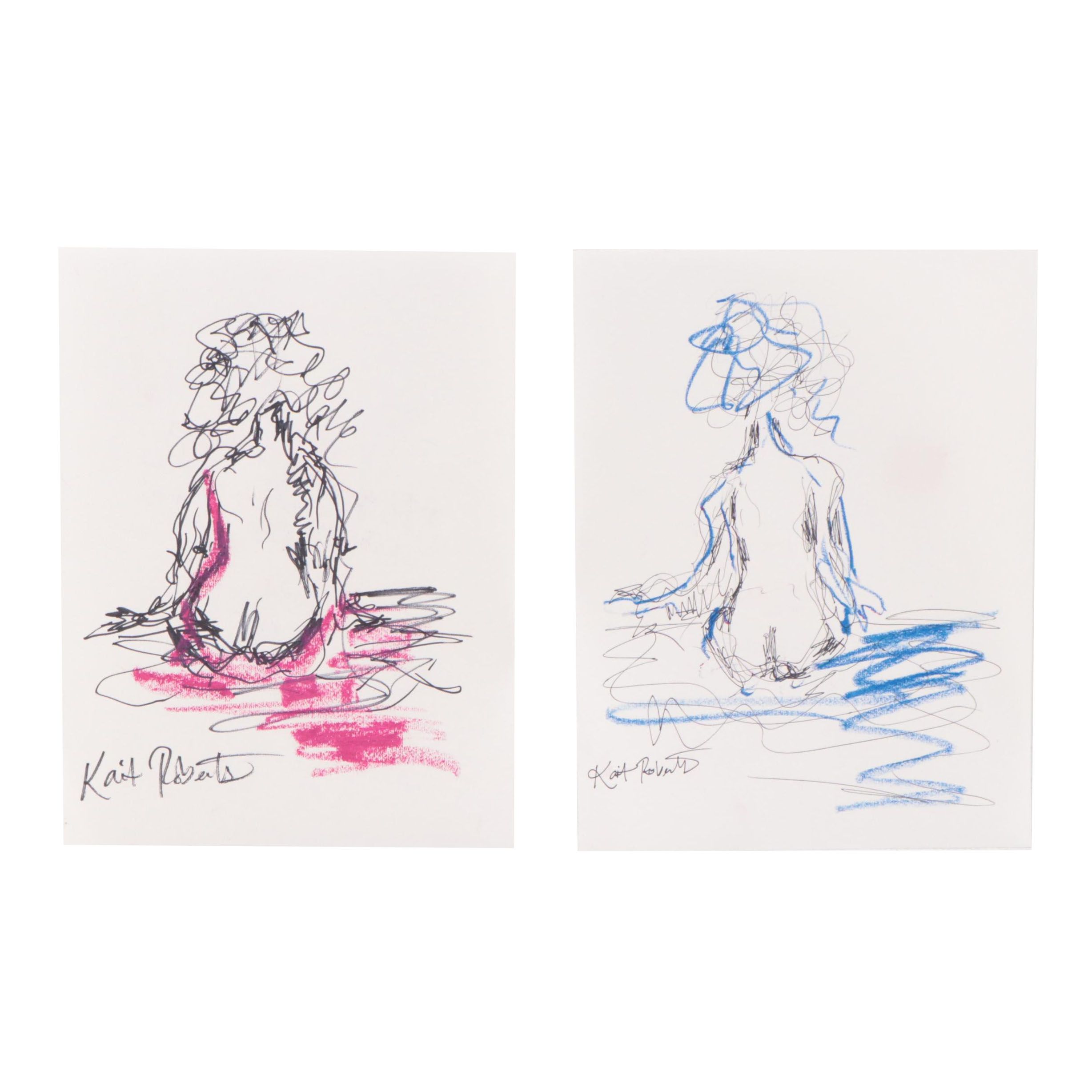 Kait Roberts Figural Ink and Pastel Drawings, 21st Century