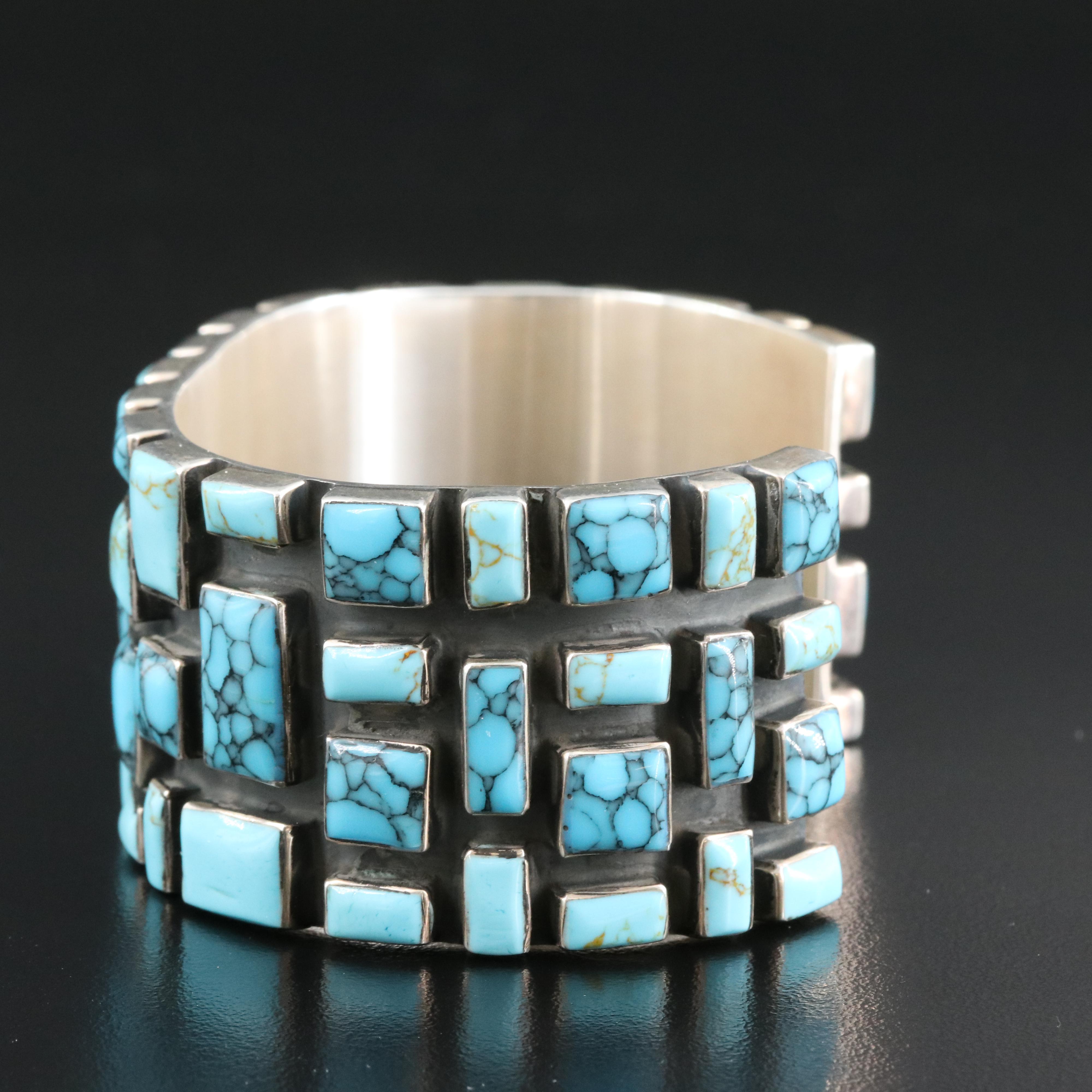 Western Signed Sterling Turquoise and Faux Turquoise Cuff