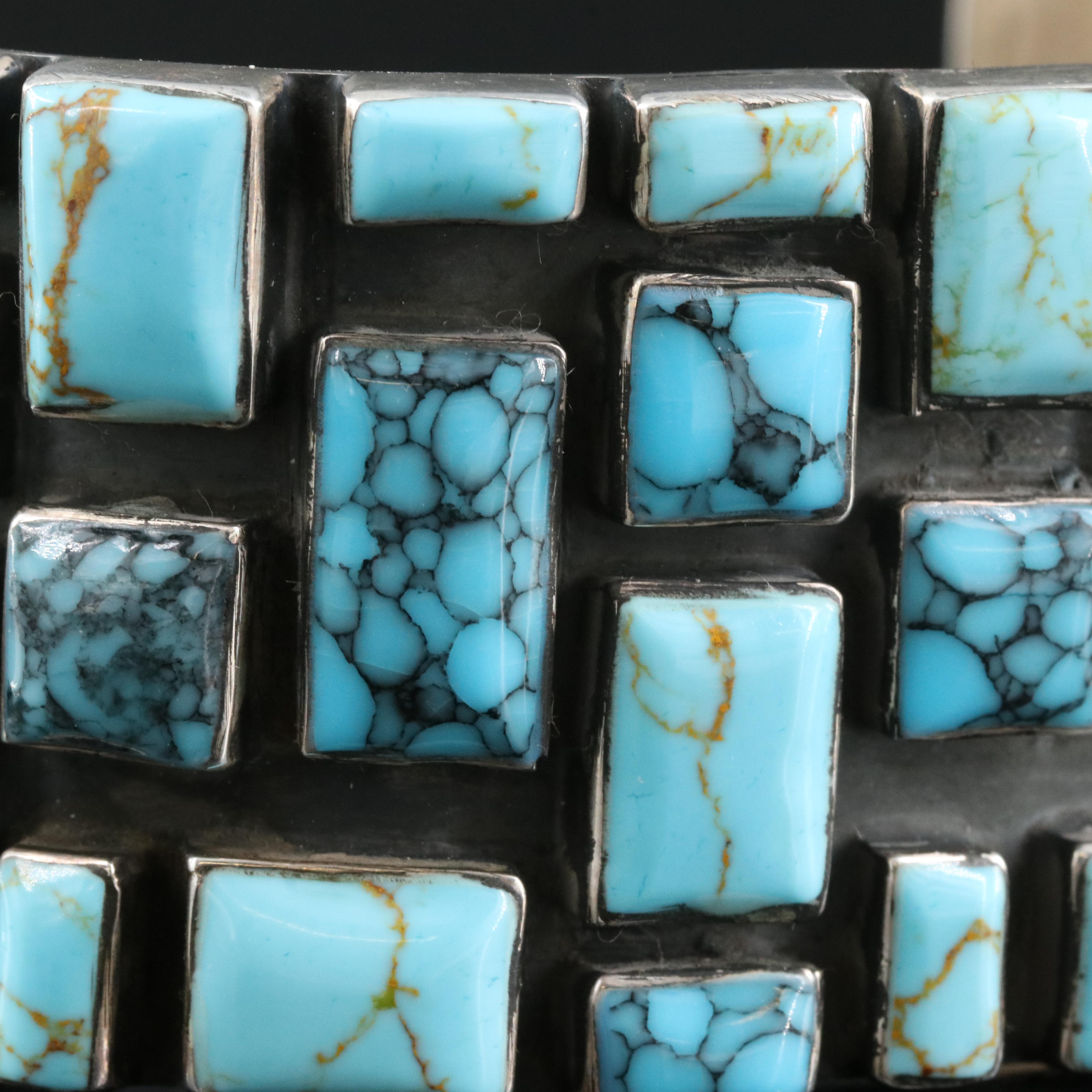 Western Signed Sterling Turquoise and Faux Turquoise Cuff