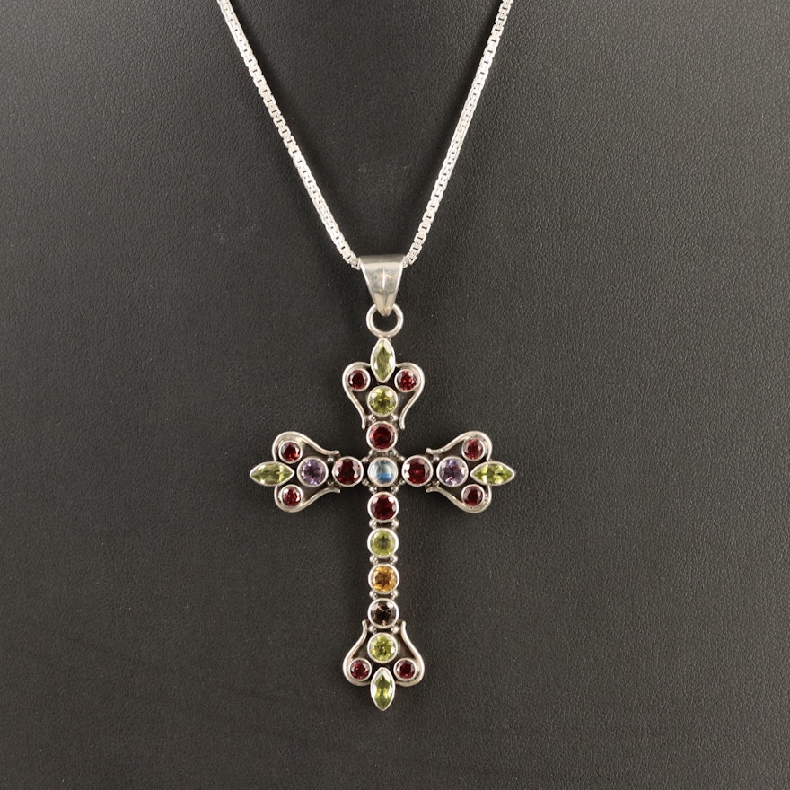 Nicky Butler Sterling Cross Pendant Necklace Including Amethyst and Citrine