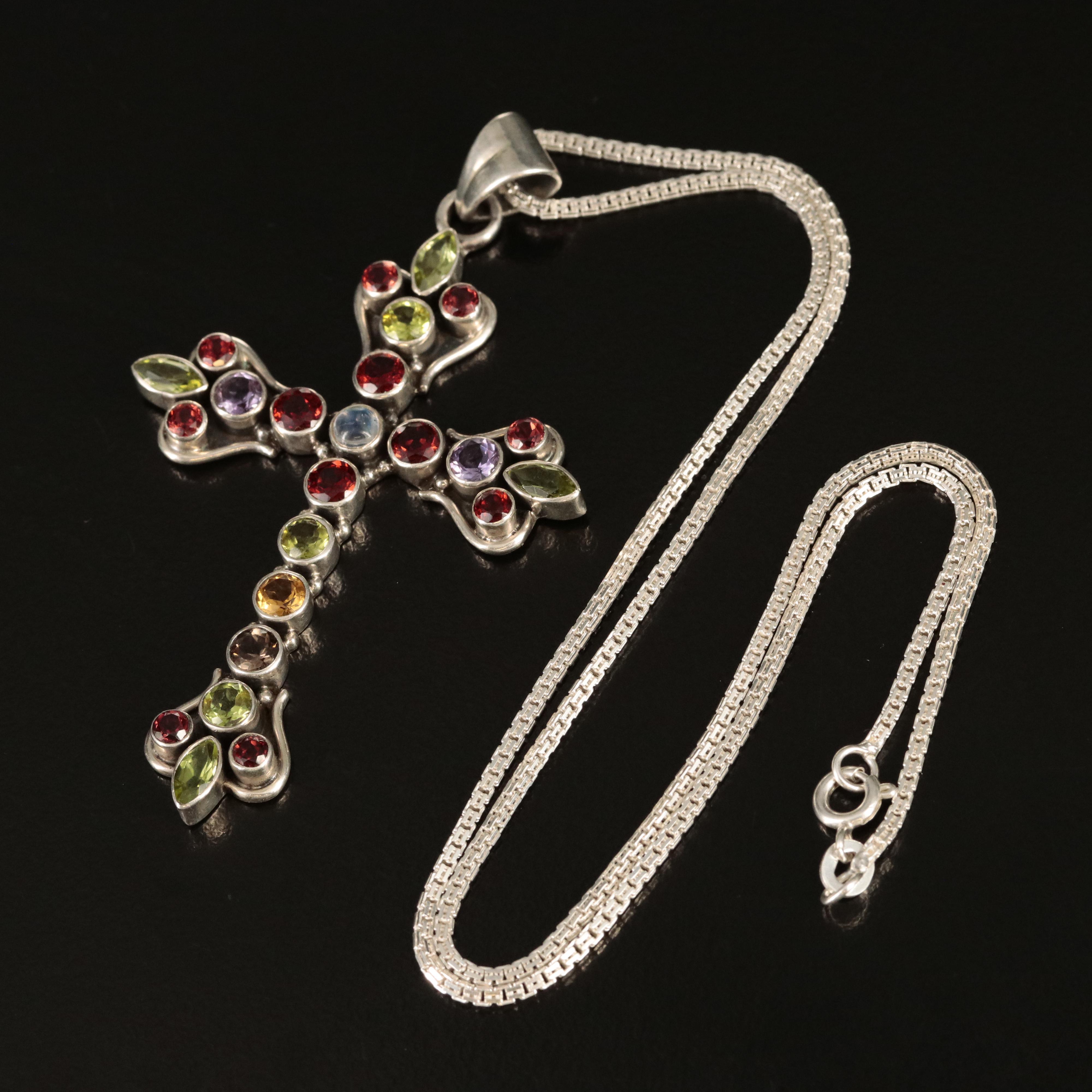 Nicky Butler Sterling Cross Pendant Necklace Including Amethyst and Citrine