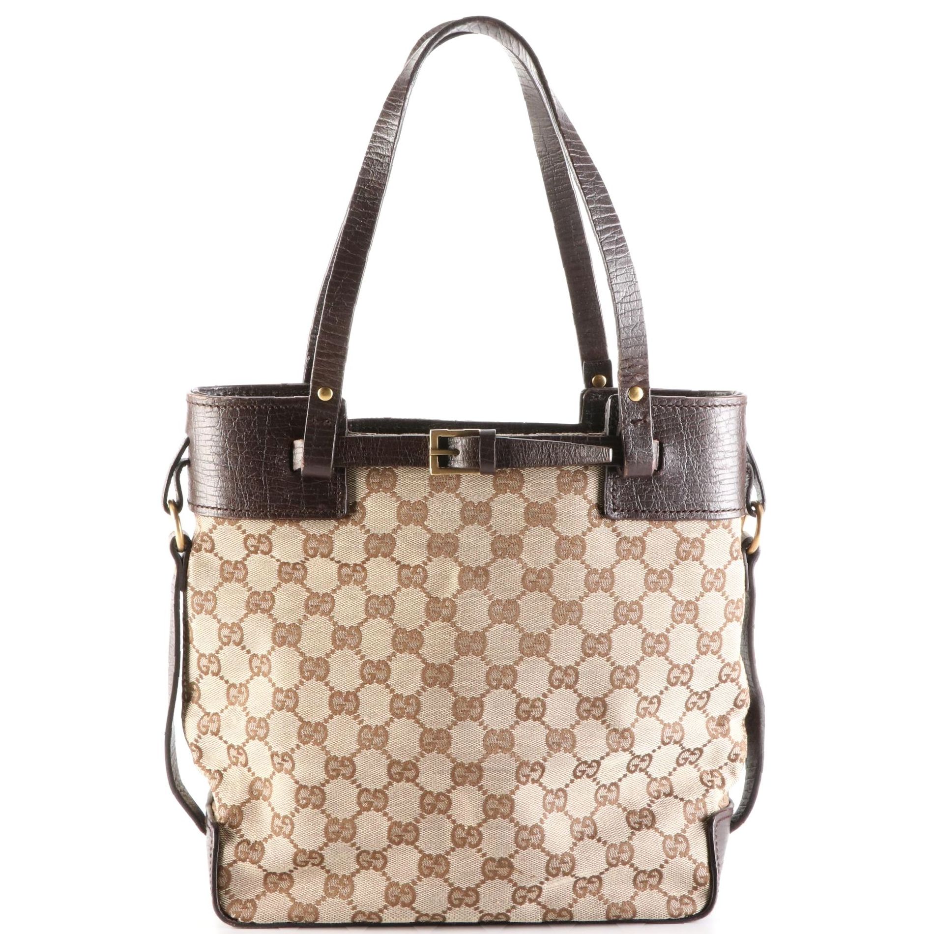 Gucci Buckle Tote in GG Canvas and Embossed Leather