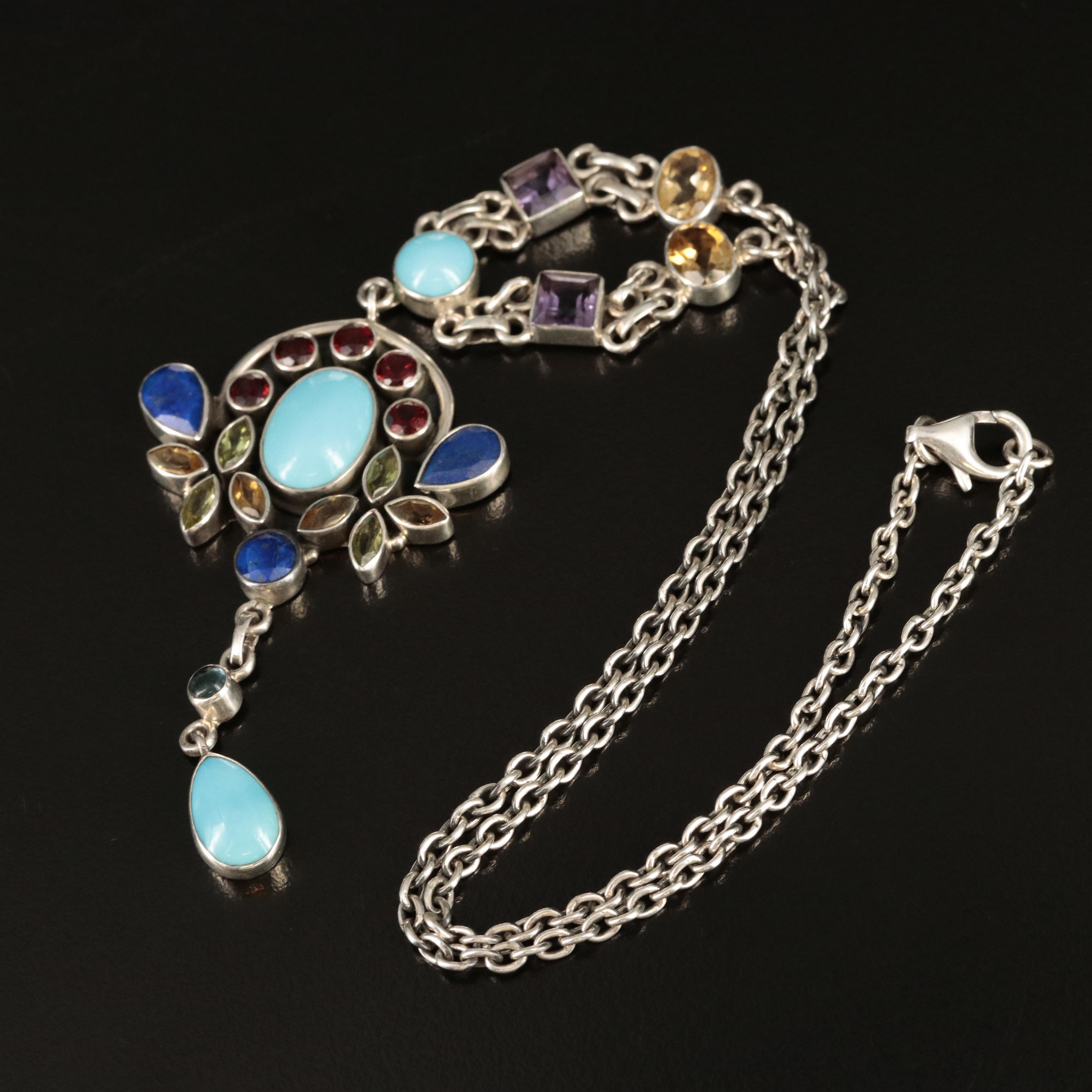 Nicky Butler Sterling Necklace Including Amethyst, Citrine and Lapis Lazuli