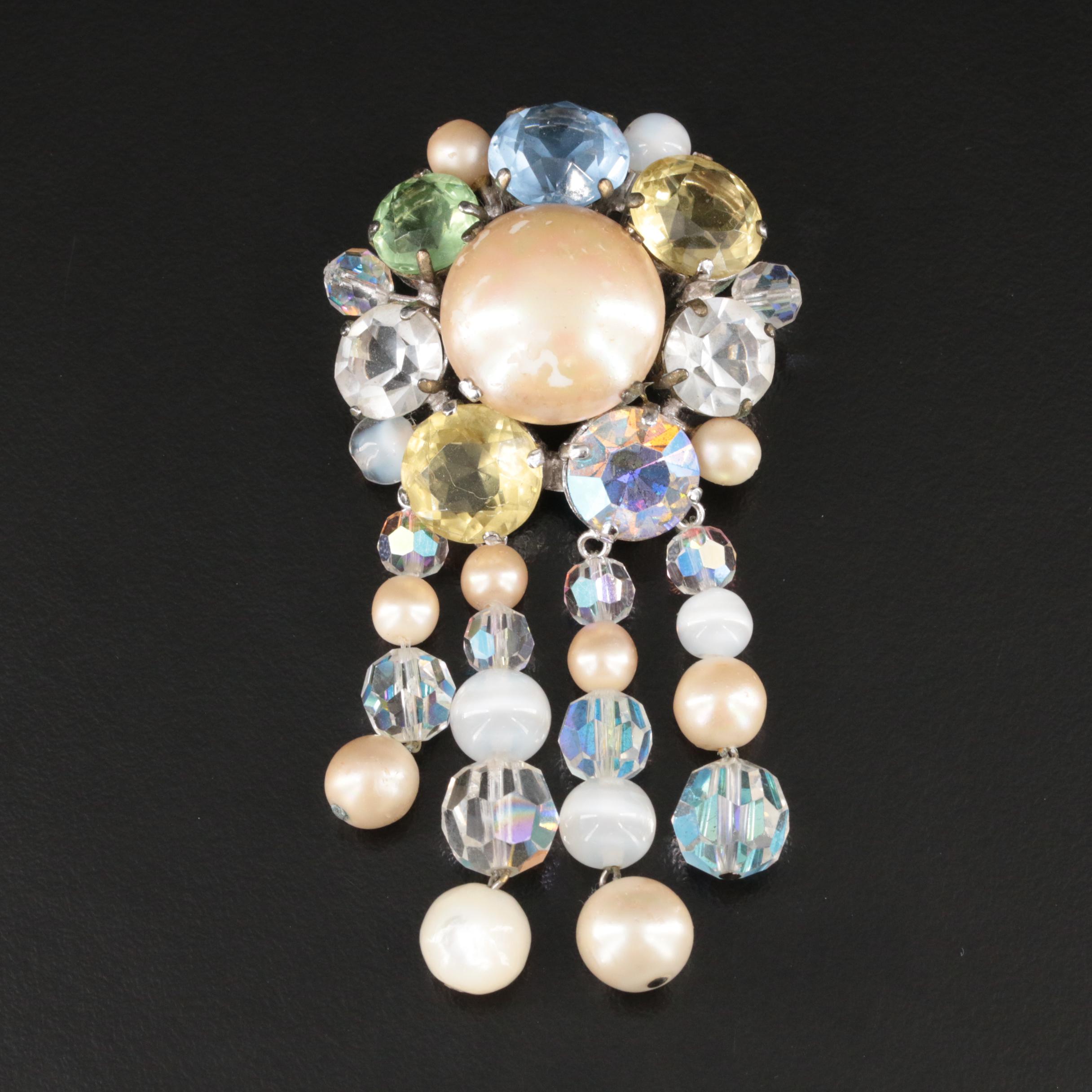 Christian Dior Faux Pearl and Glass Fringe Brooch