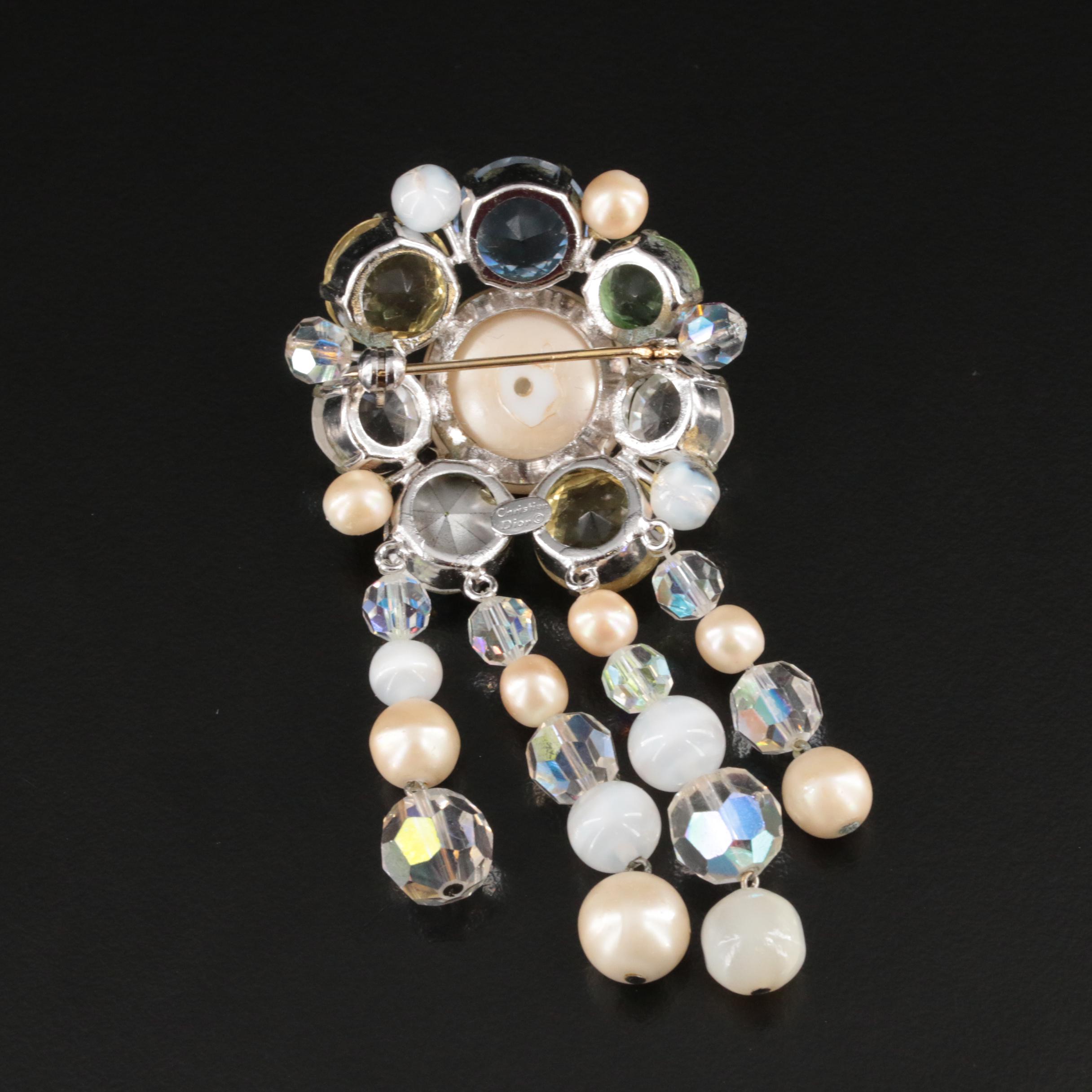 Christian Dior Faux Pearl and Glass Fringe Brooch