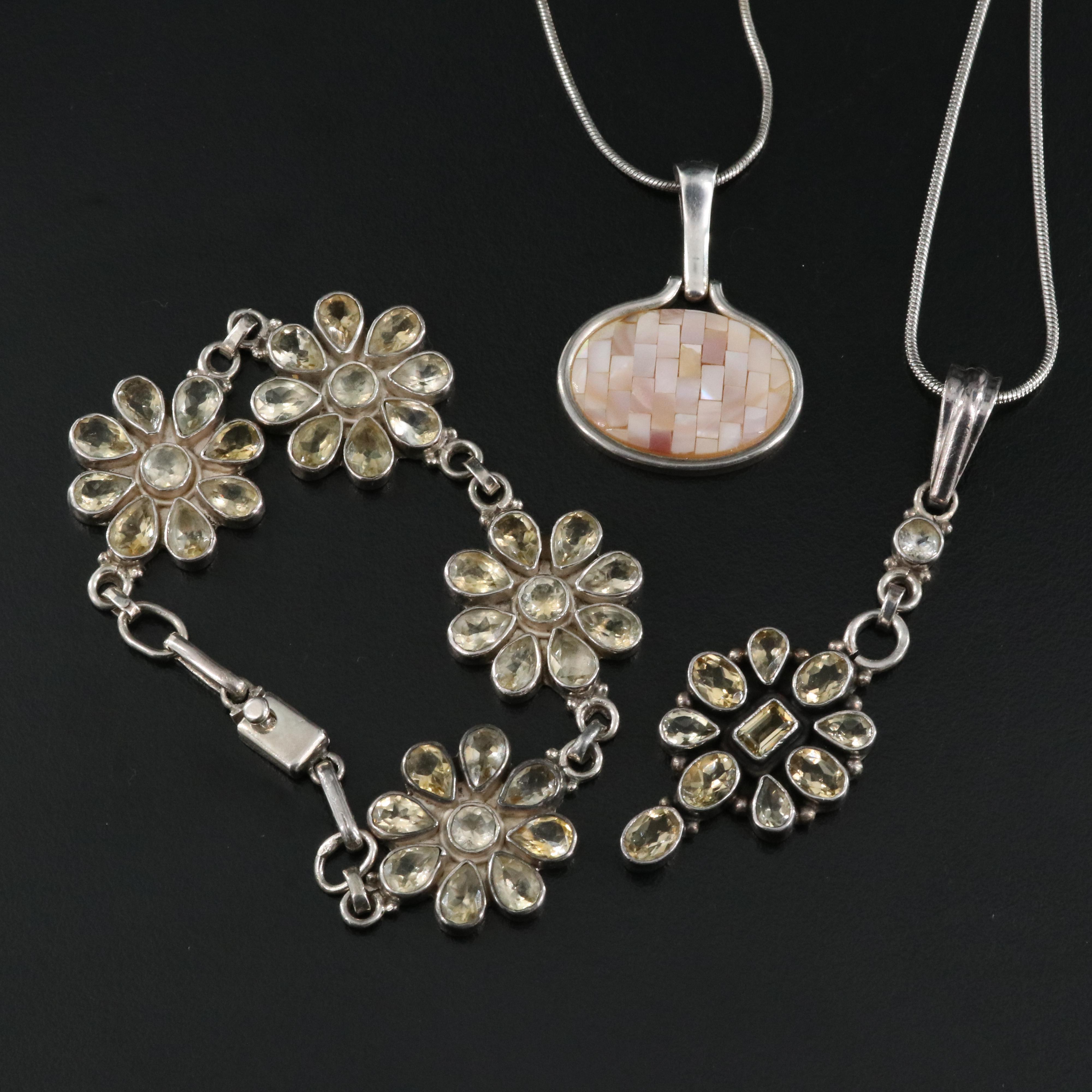 Sterling Necklaces and Bracelet Including Citrine and Mother-of-Pearl