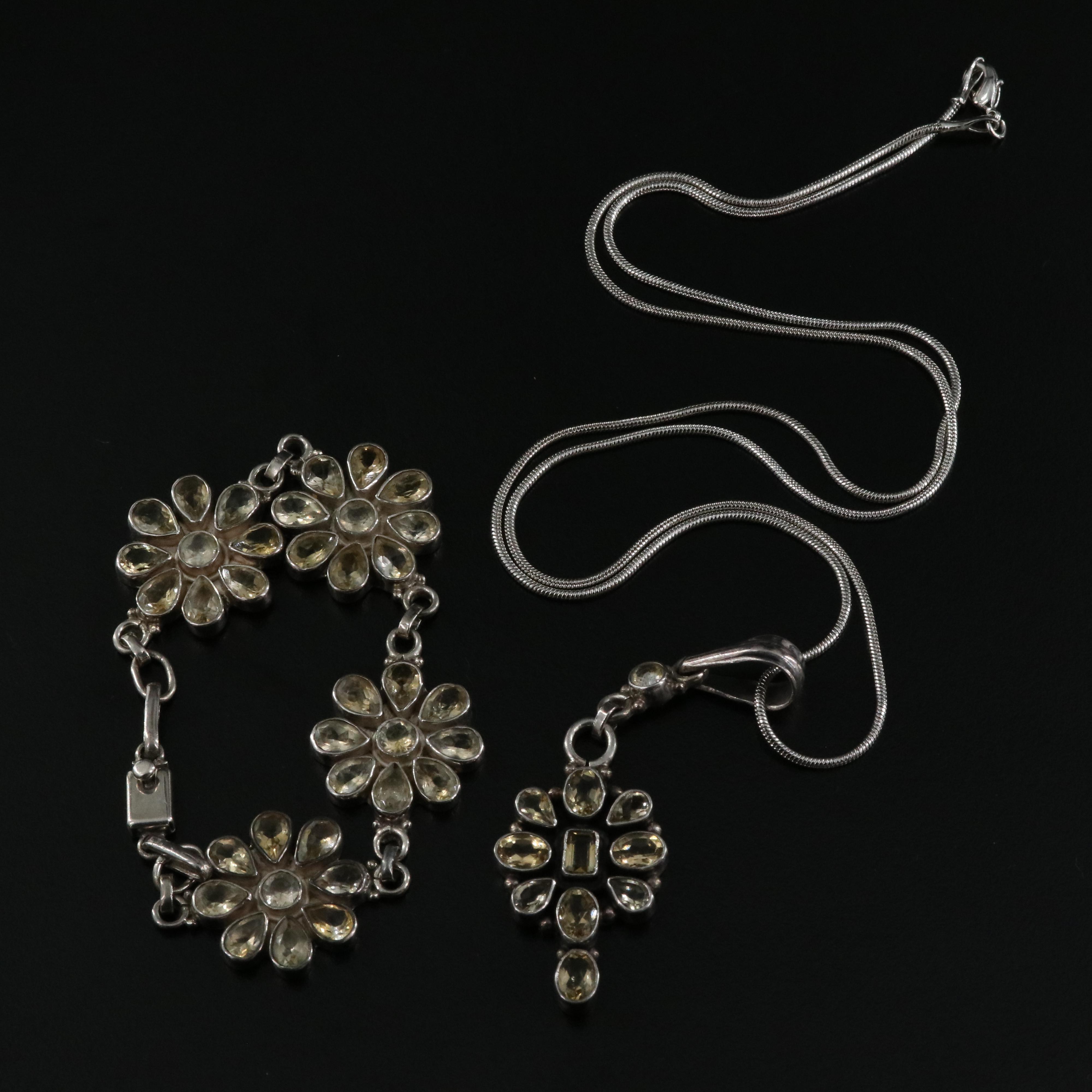 Sterling Necklaces and Bracelet Including Citrine and Mother-of-Pearl