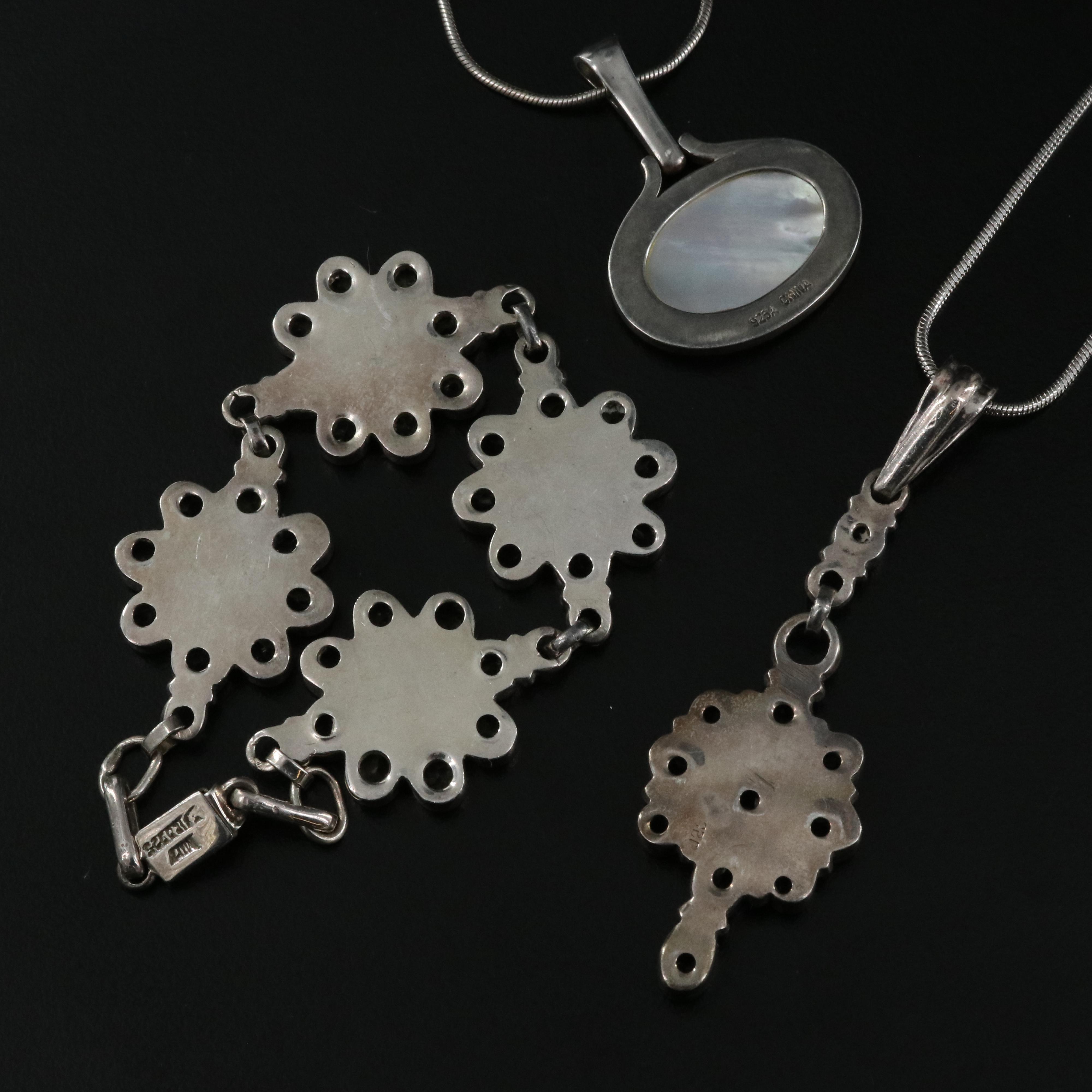 Sterling Necklaces and Bracelet Including Citrine and Mother-of-Pearl