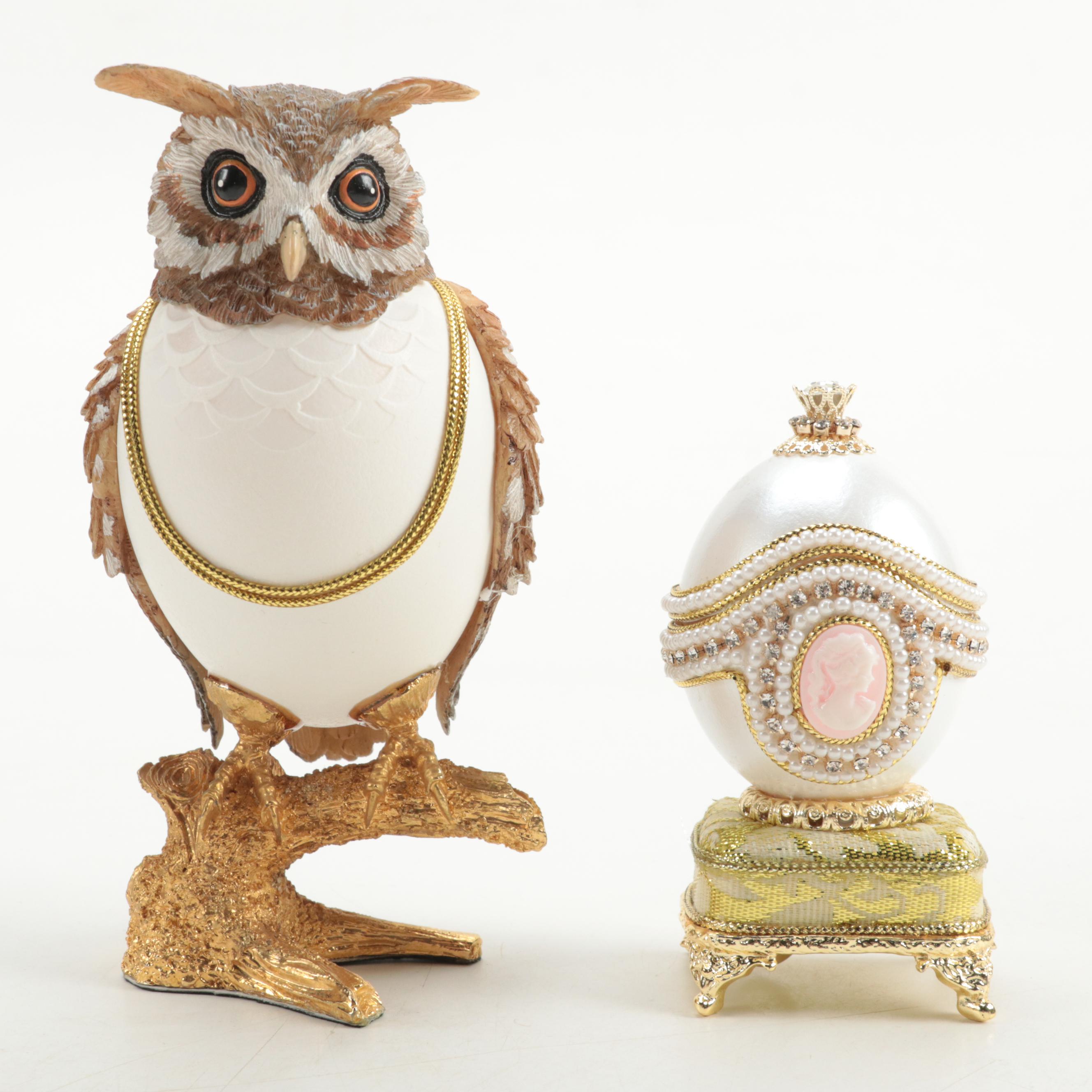 Jere Owl Egg and Cameo Egg Enameled Trinket Boxes