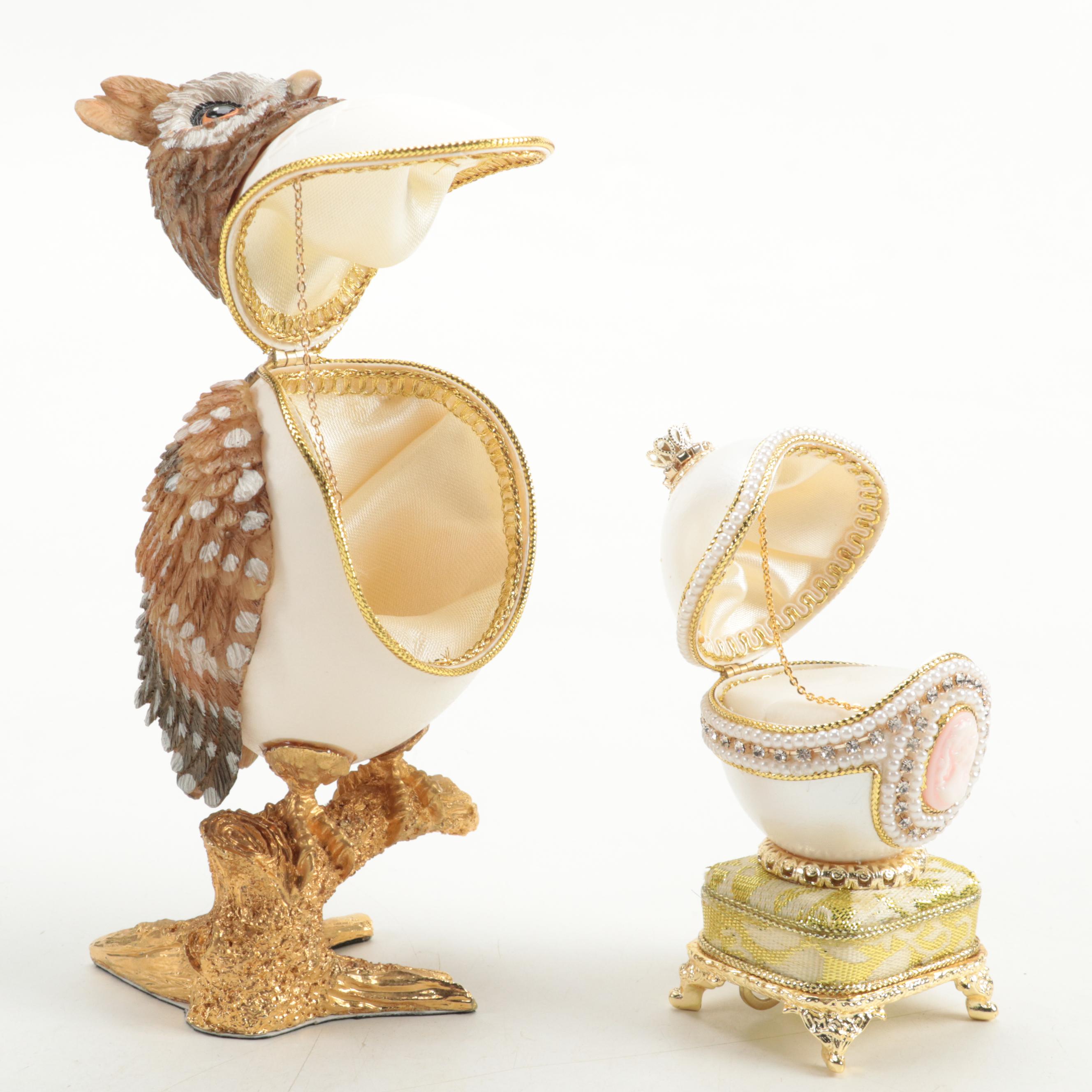 Jere Owl Egg and Cameo Egg Enameled Trinket Boxes