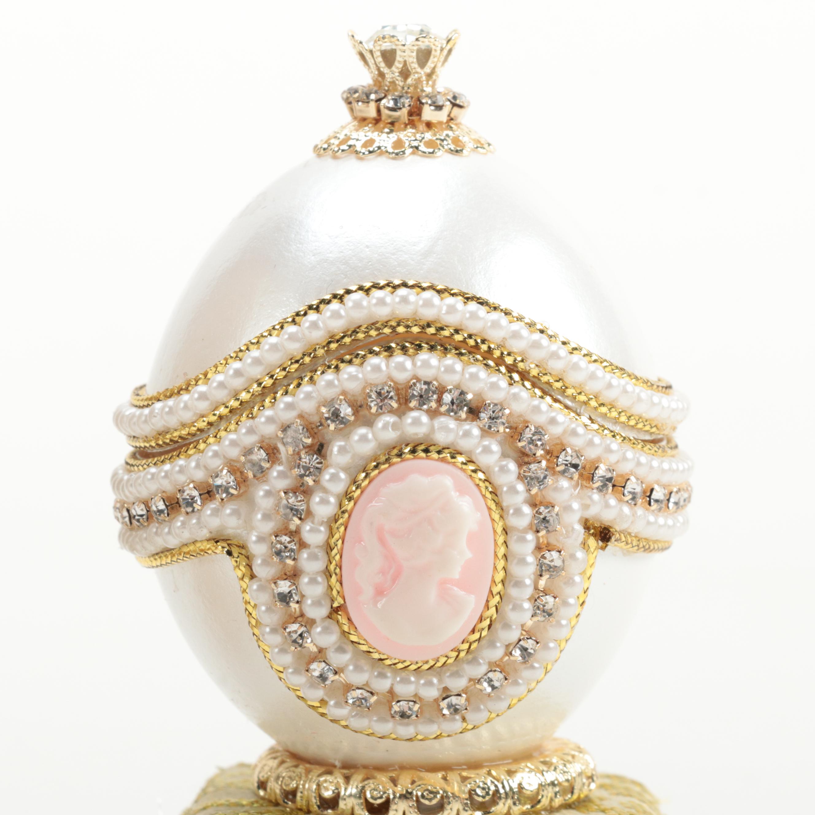 Jere Owl Egg and Cameo Egg Enameled Trinket Boxes