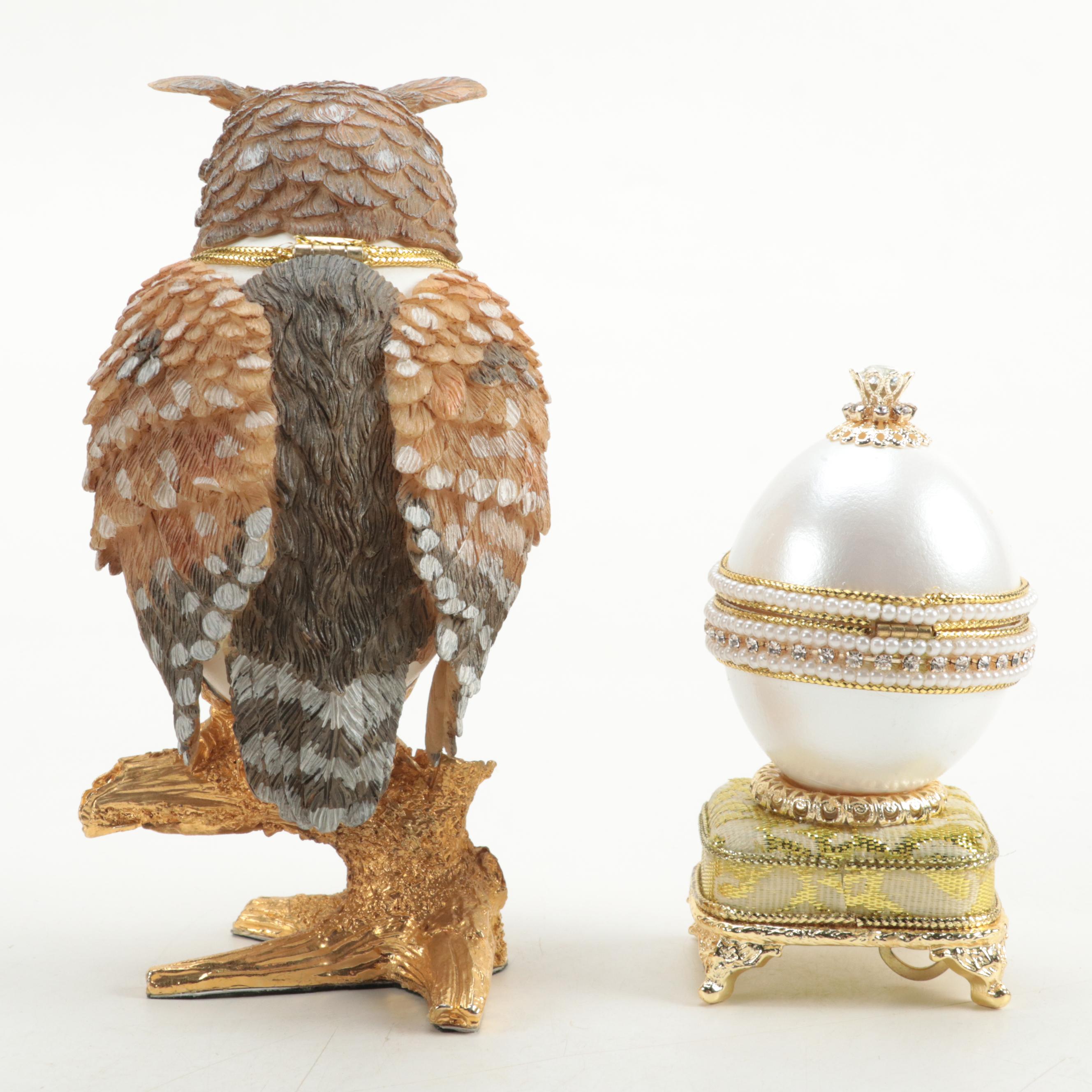 Jere Owl Egg and Cameo Egg Enameled Trinket Boxes