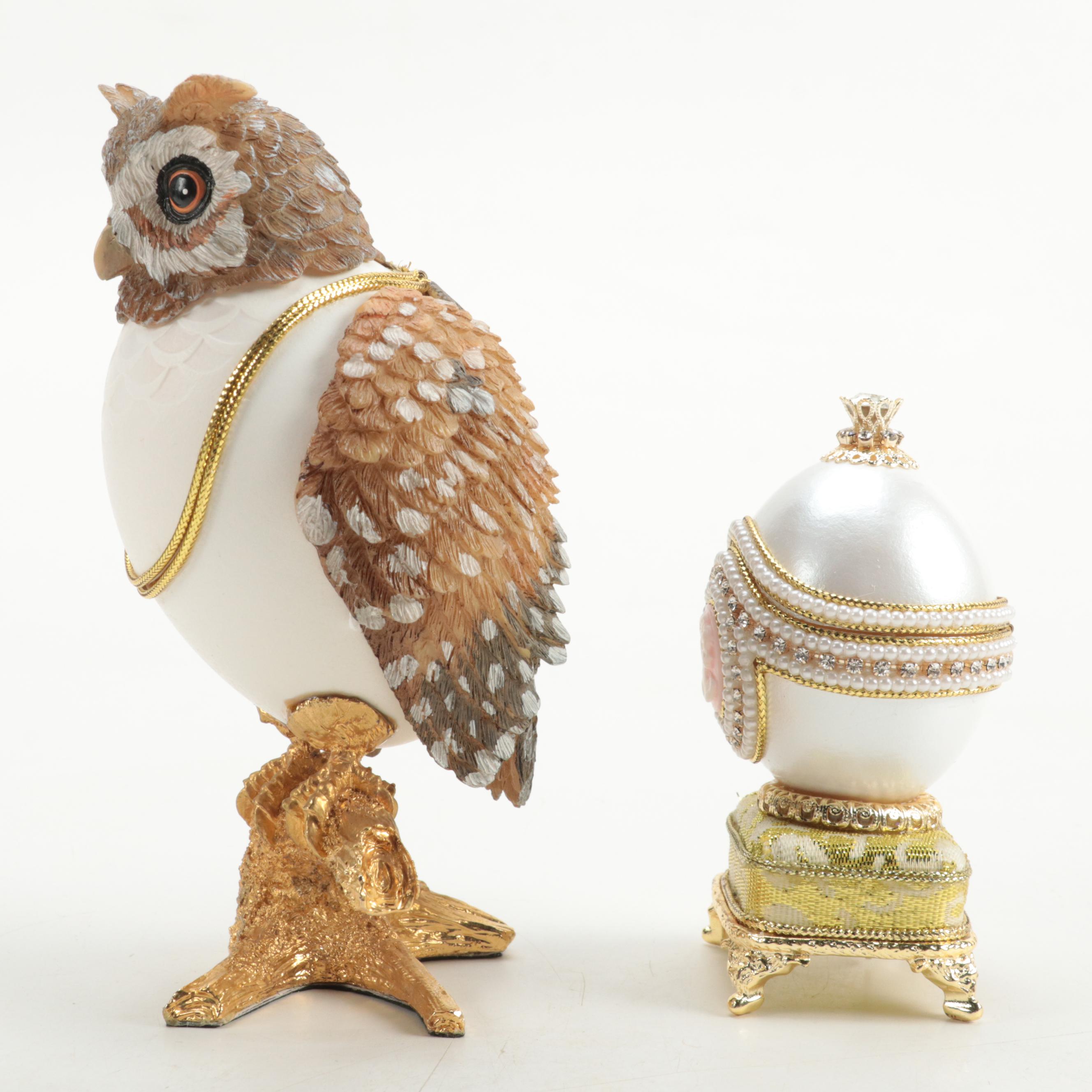 Jere Owl Egg and Cameo Egg Enameled Trinket Boxes