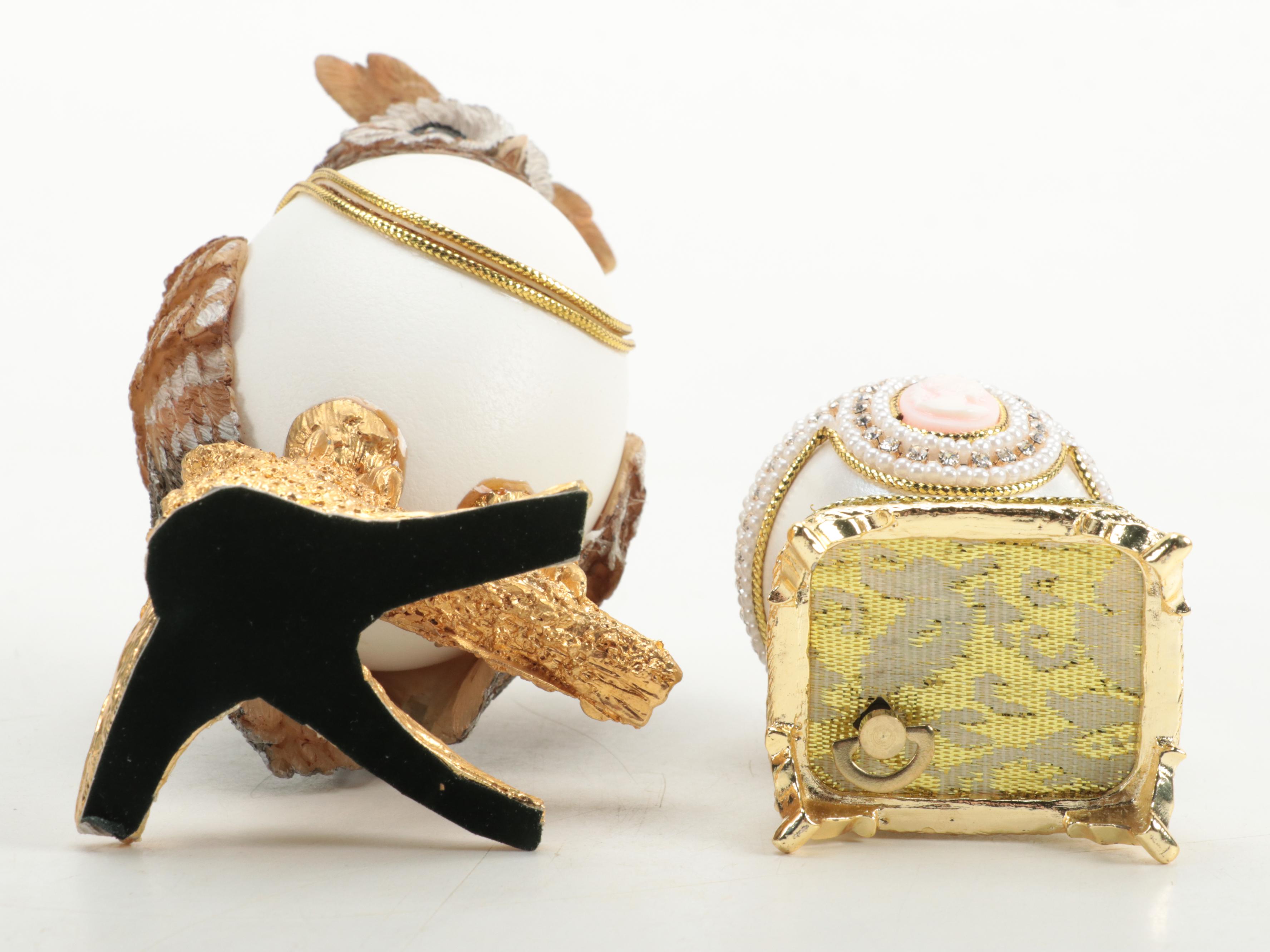 Jere Owl Egg and Cameo Egg Enameled Trinket Boxes