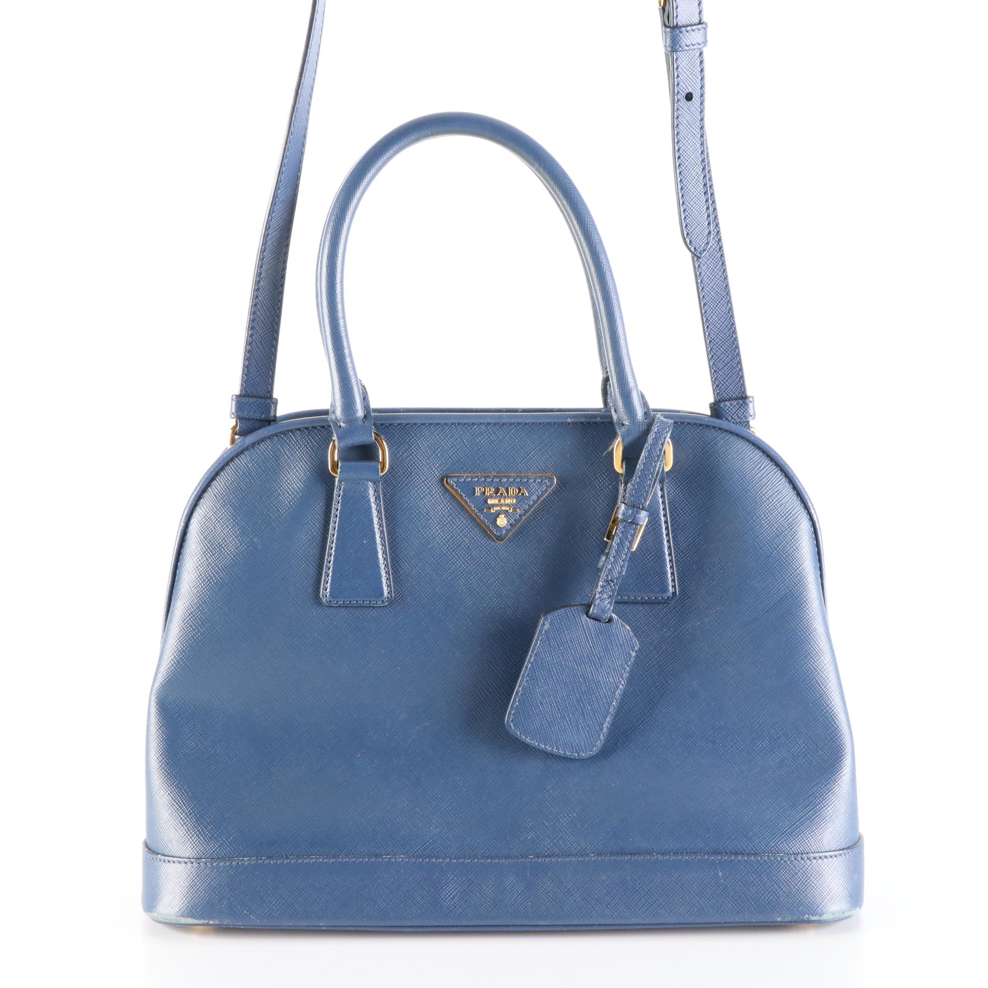 Prada Dome Bag in Bluette Saffiano Leather with Crossbody Strap