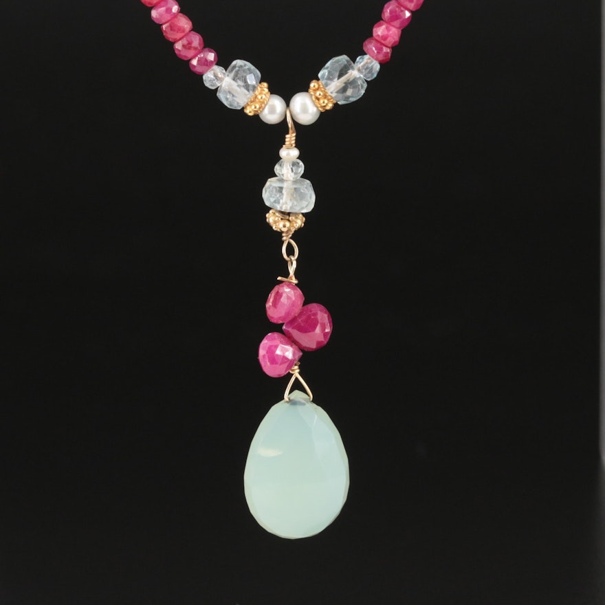 14K Ruby, Topaz and Pearl Drop Necklace