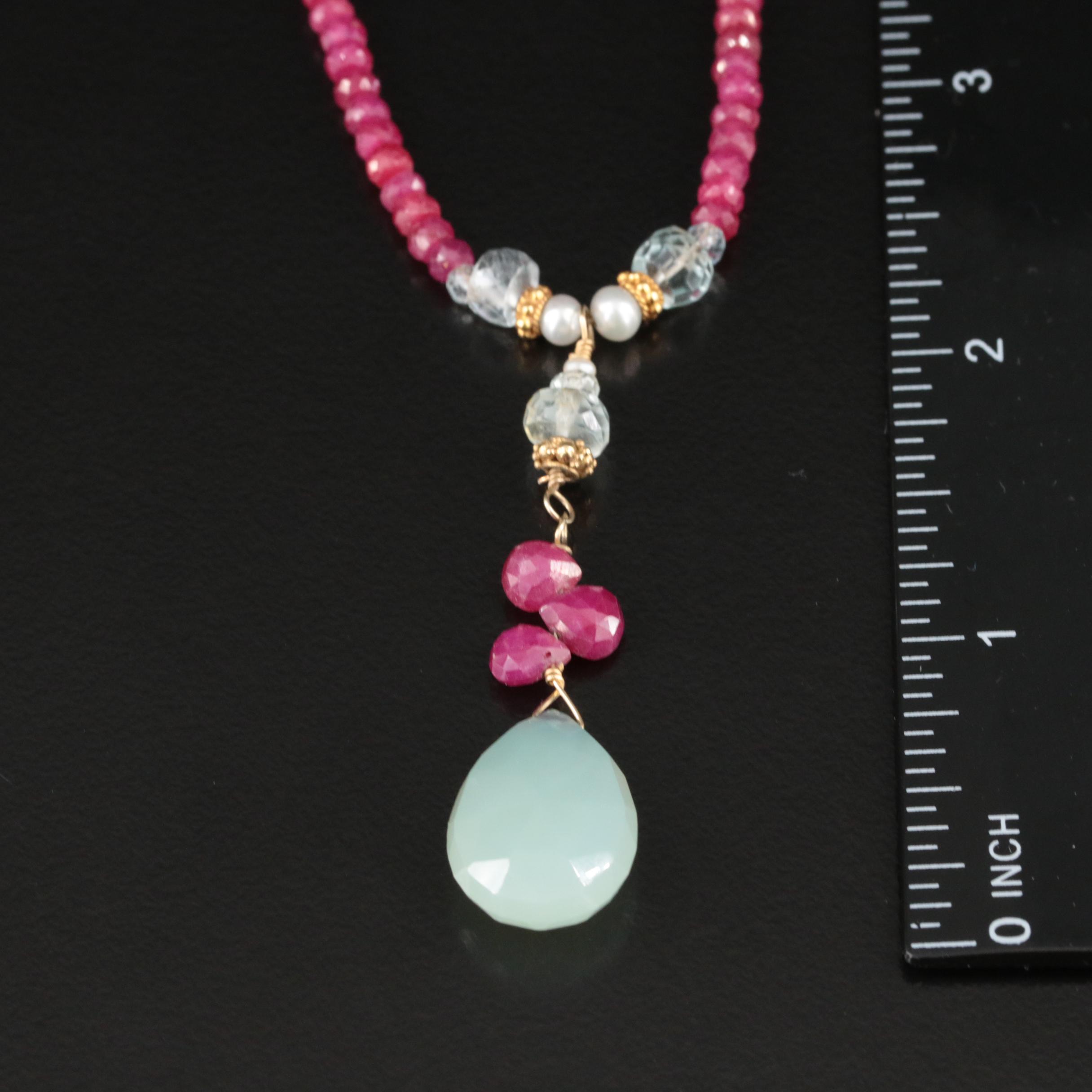 14K Ruby, Topaz and Pearl Drop Necklace