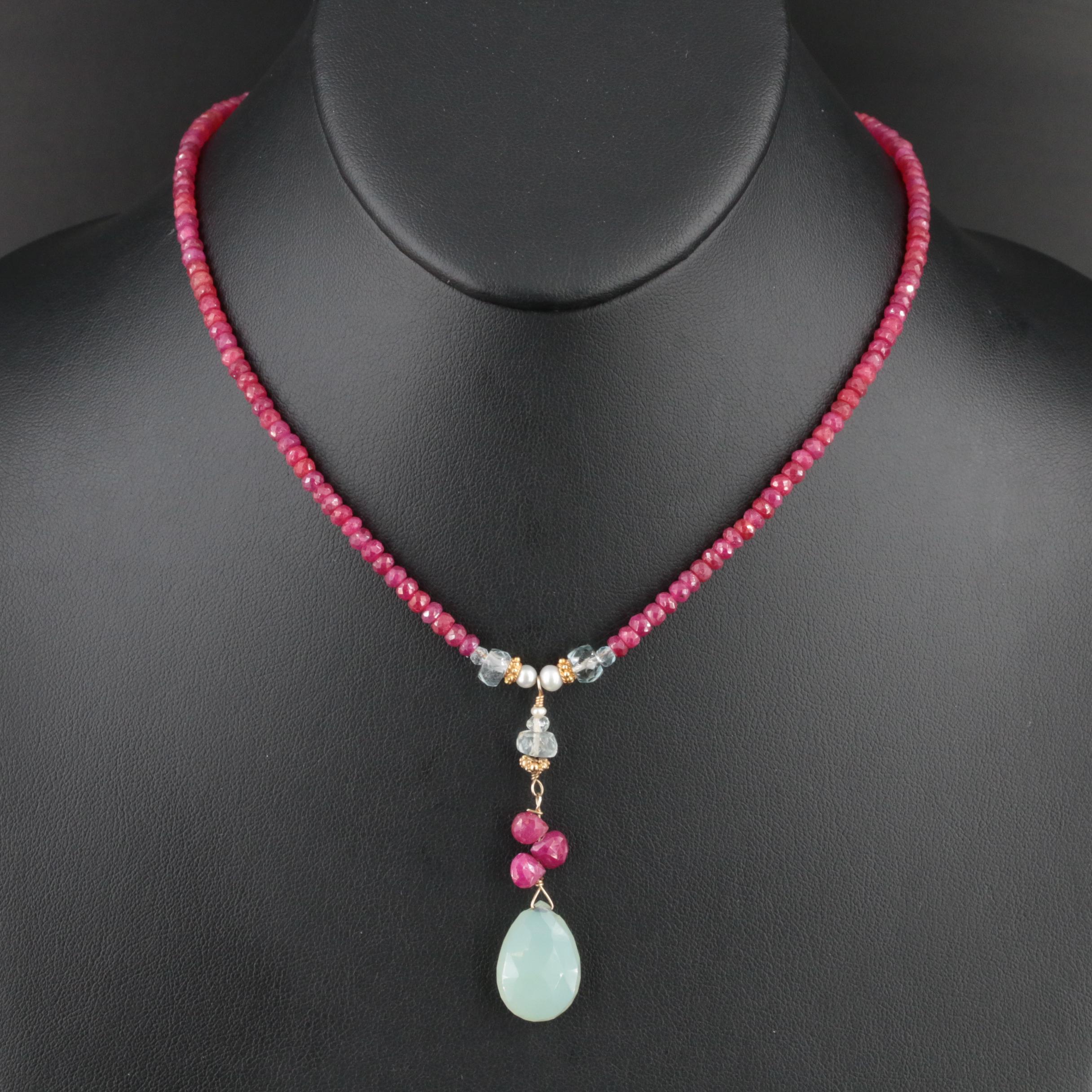 14K Ruby, Topaz and Pearl Drop Necklace