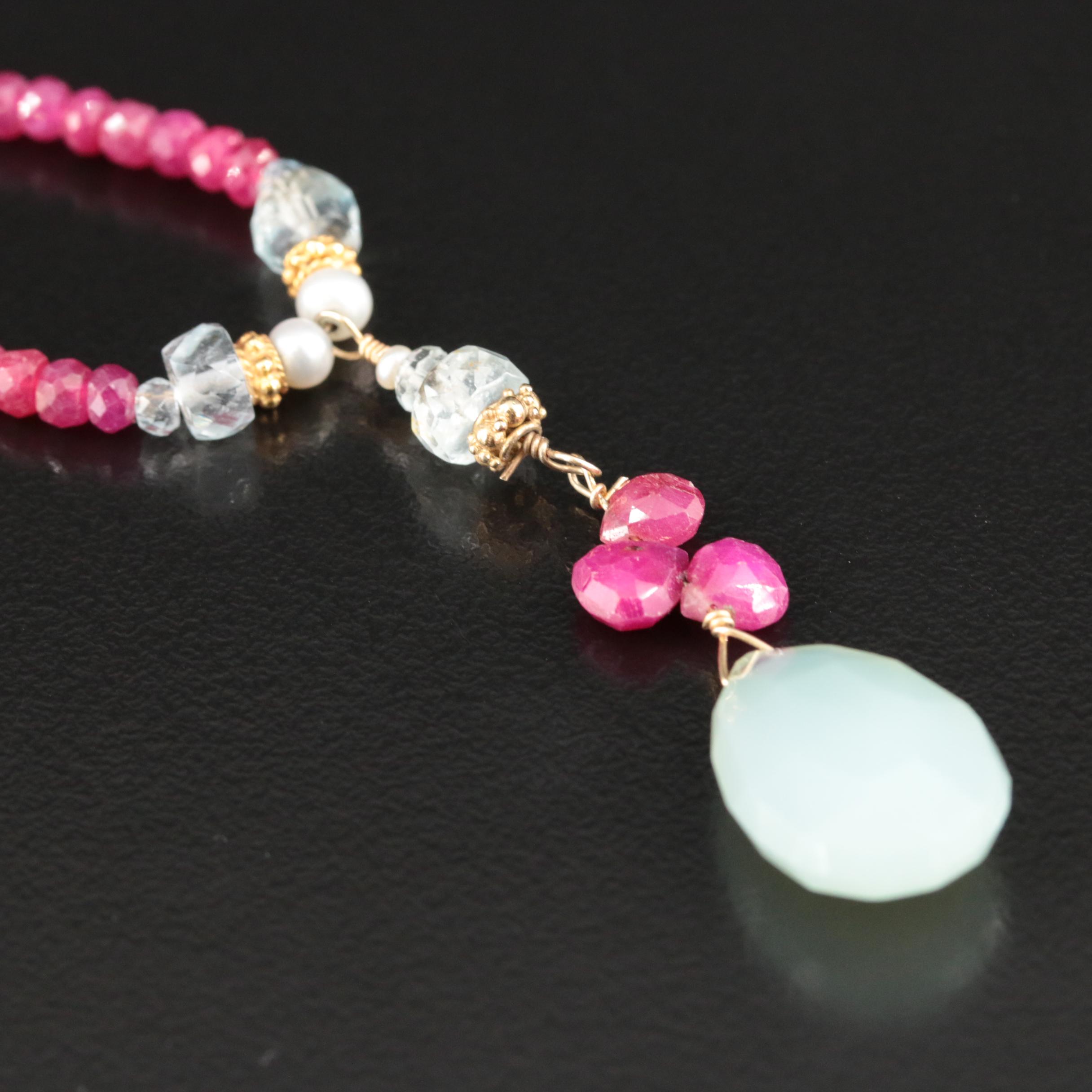 14K Ruby, Topaz and Pearl Drop Necklace