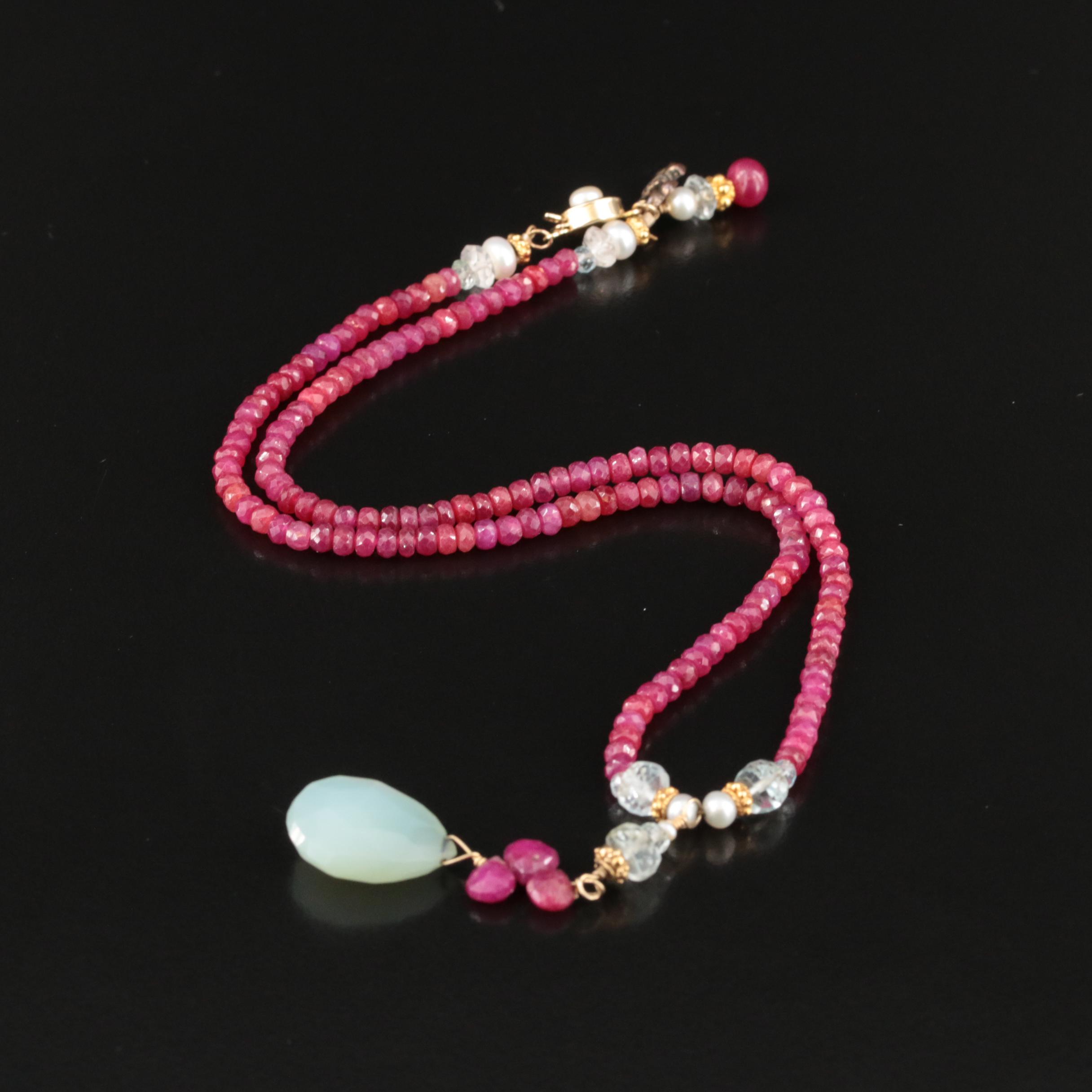 14K Ruby, Topaz and Pearl Drop Necklace
