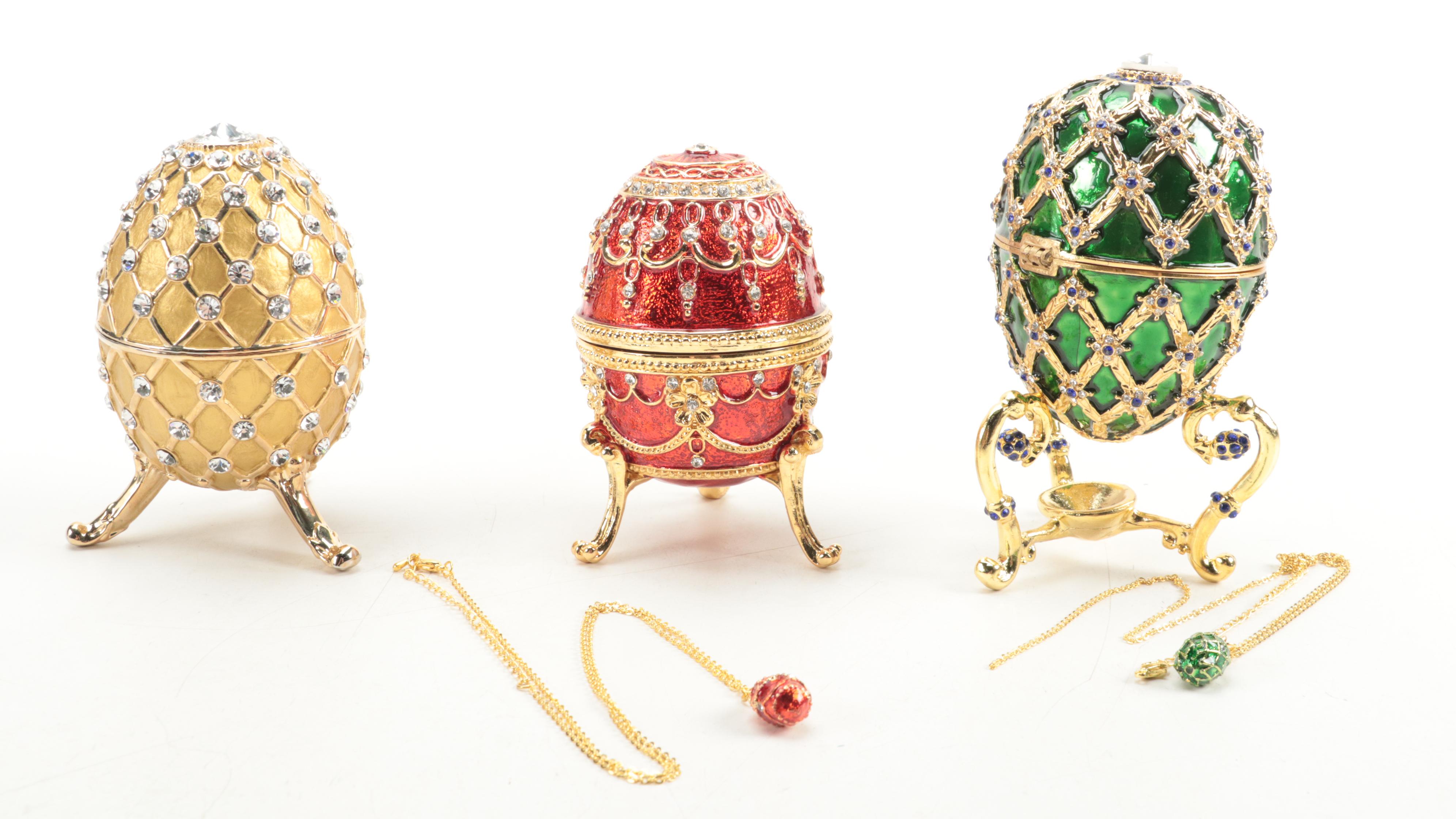 Jere Faberge Style Enameled and Jeweled Eggs with Egg Necklaces