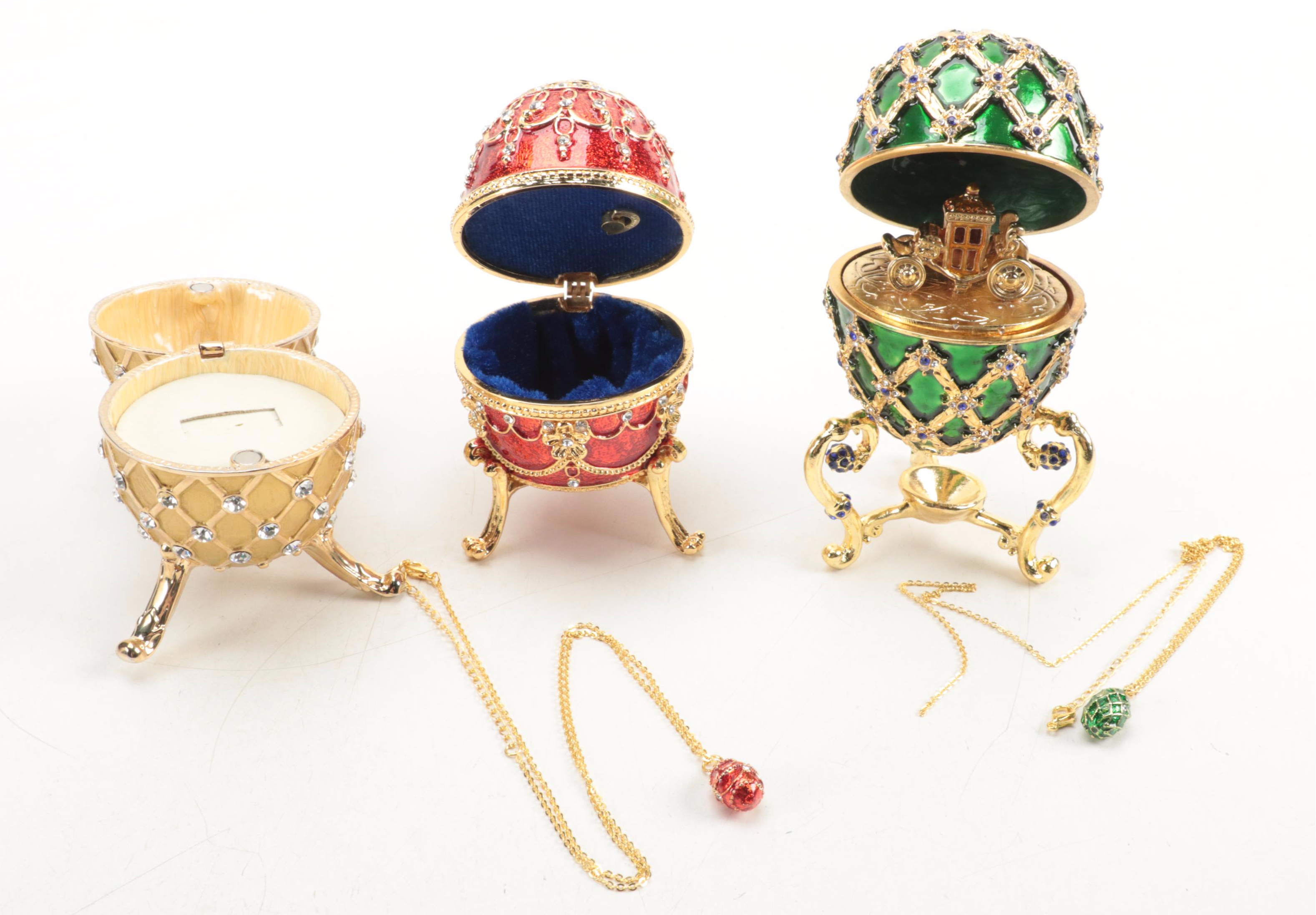 Jere Faberge Style Enameled and Jeweled Eggs with Egg Necklaces