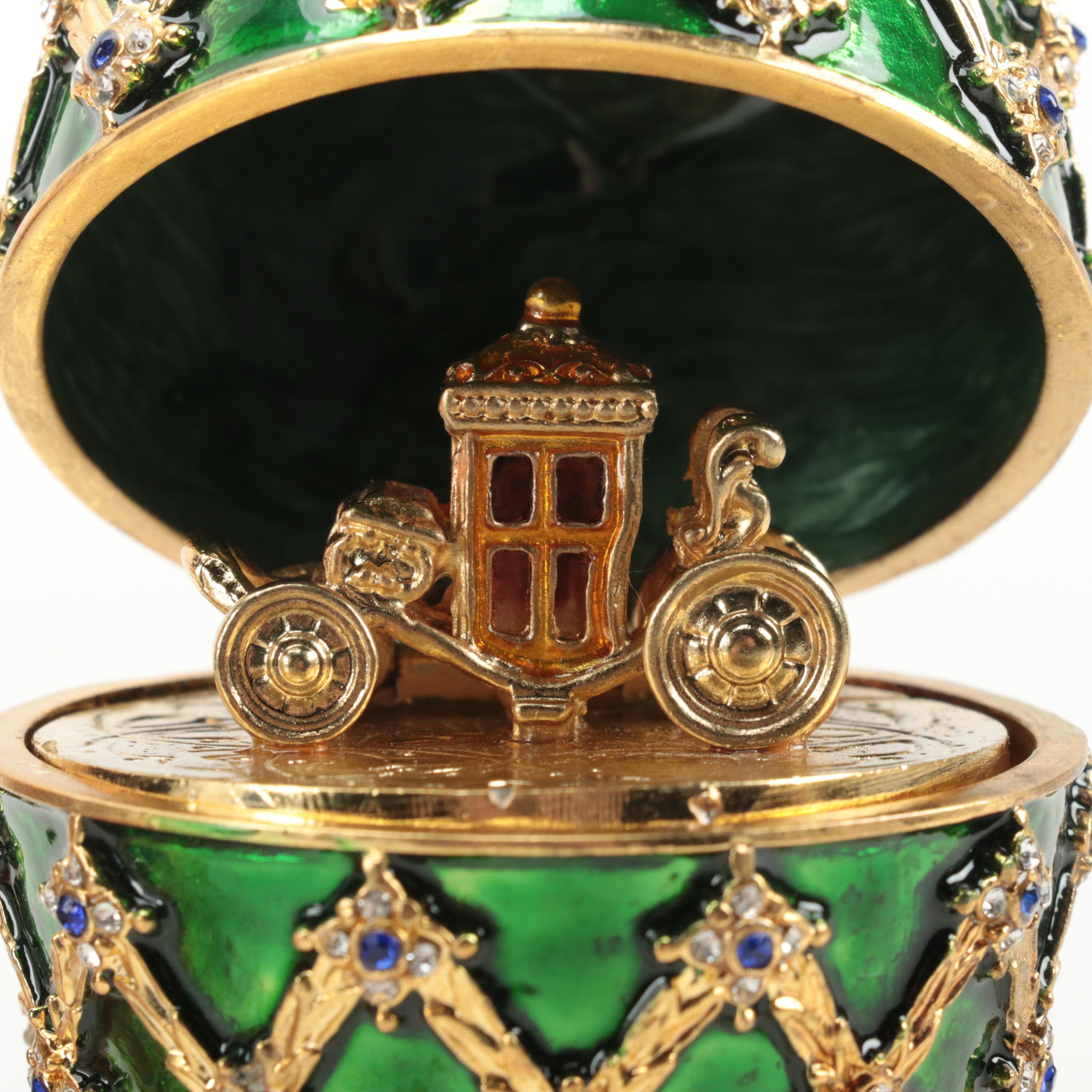 Jere Faberge Style Enameled and Jeweled Eggs with Egg Necklaces