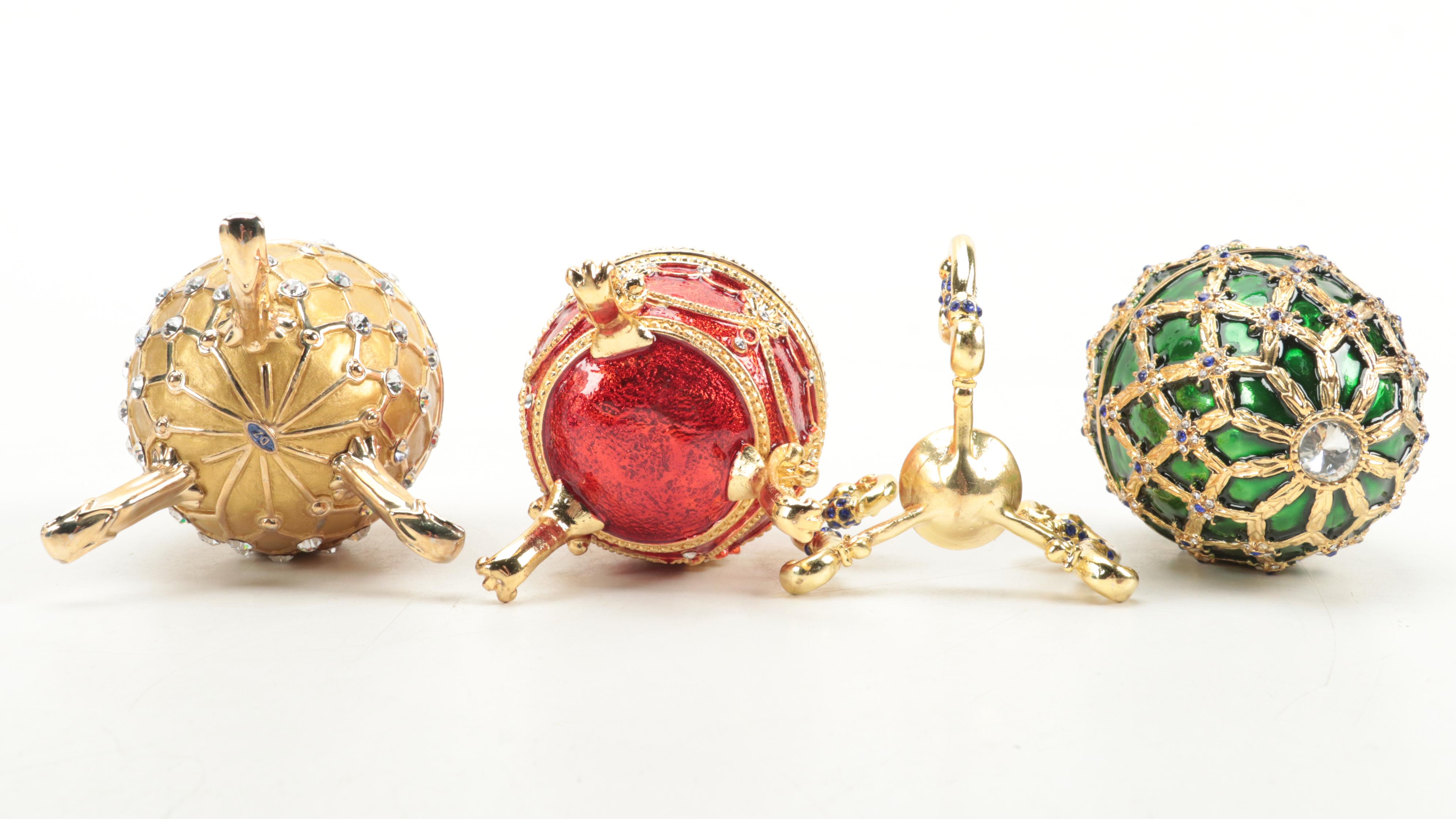 Jere Faberge Style Enameled and Jeweled Eggs with Egg Necklaces
