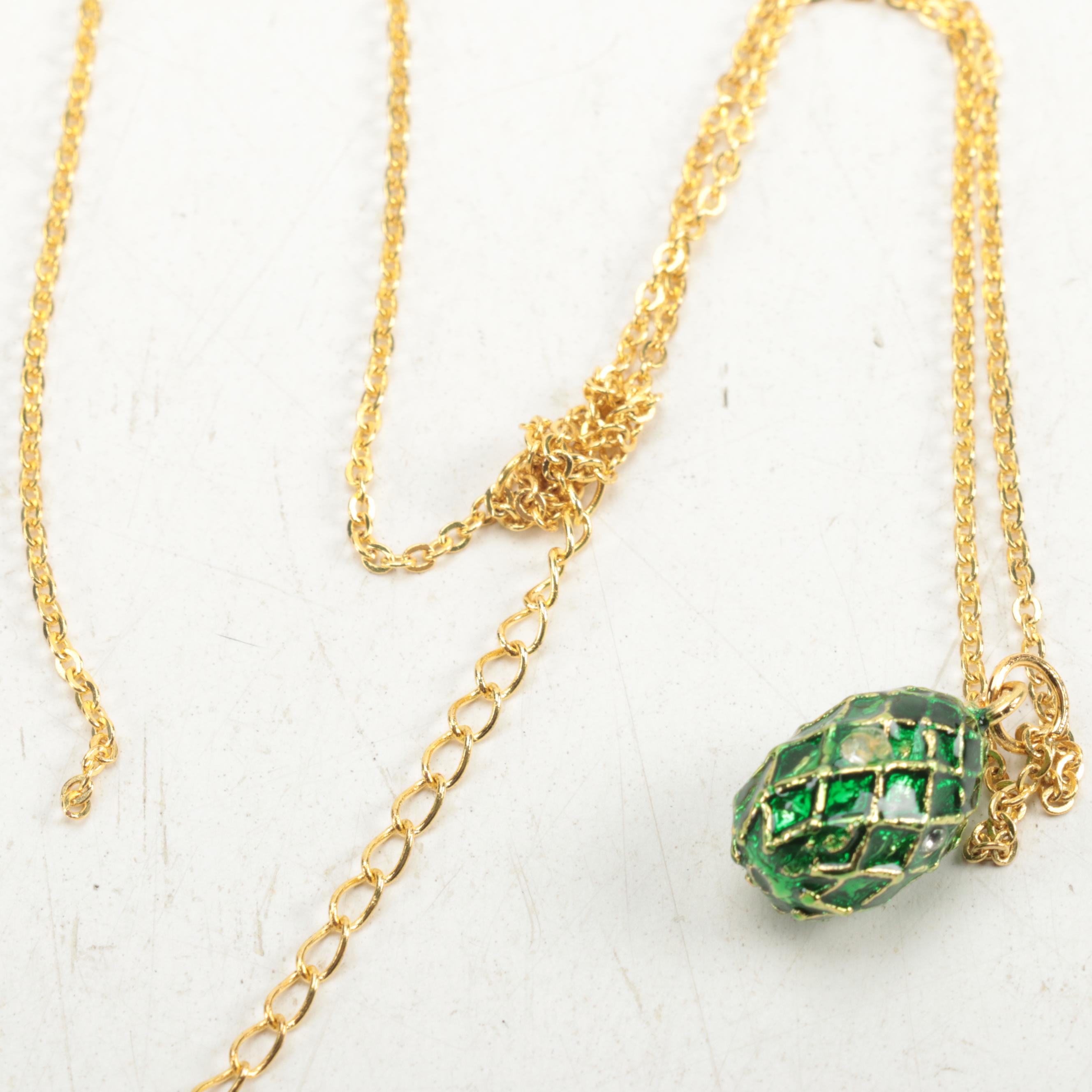 Jere Faberge Style Enameled and Jeweled Eggs with Egg Necklaces