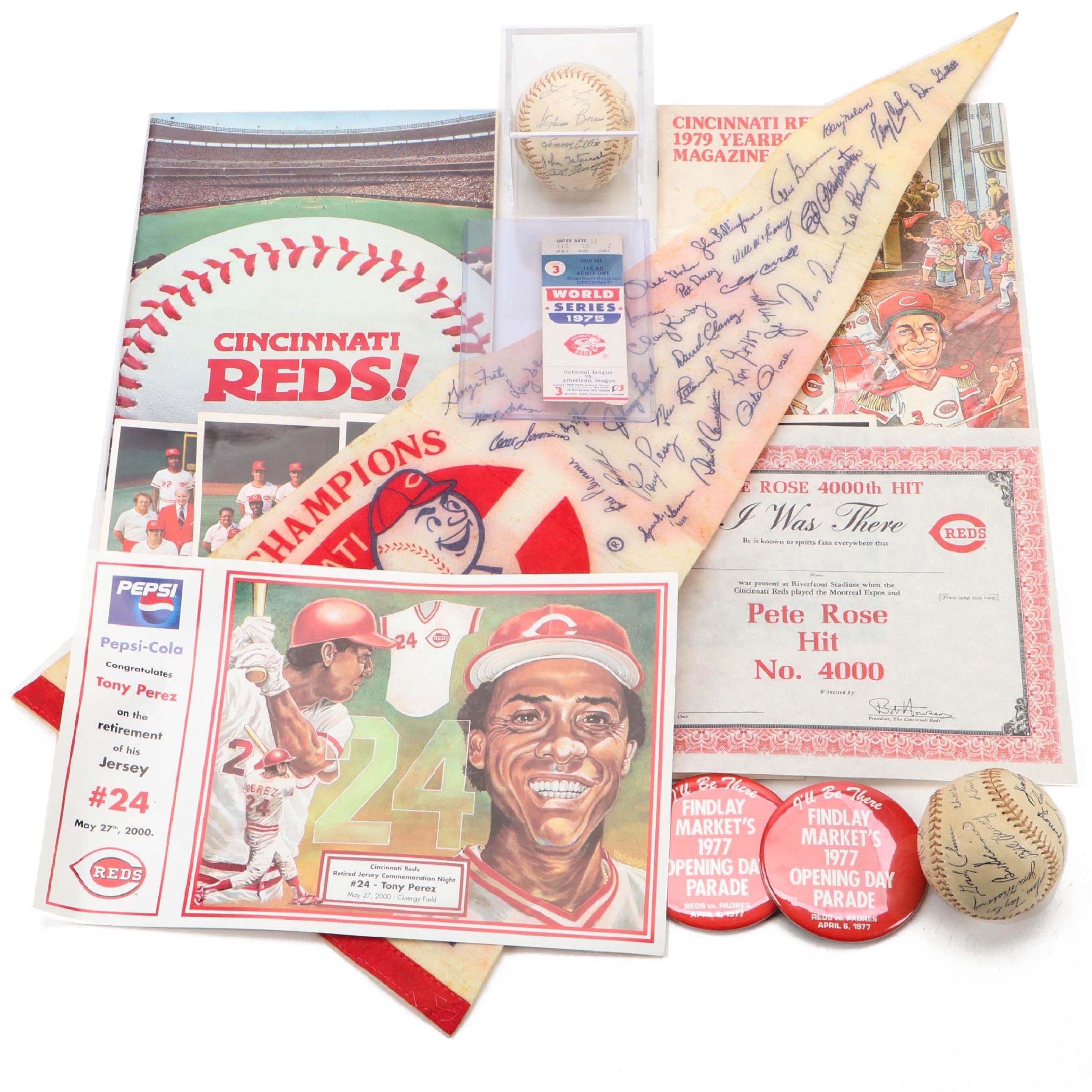 Cincinnati Reds 1975 World Series Ticket, Pennant, Facsimile Baseballs and More