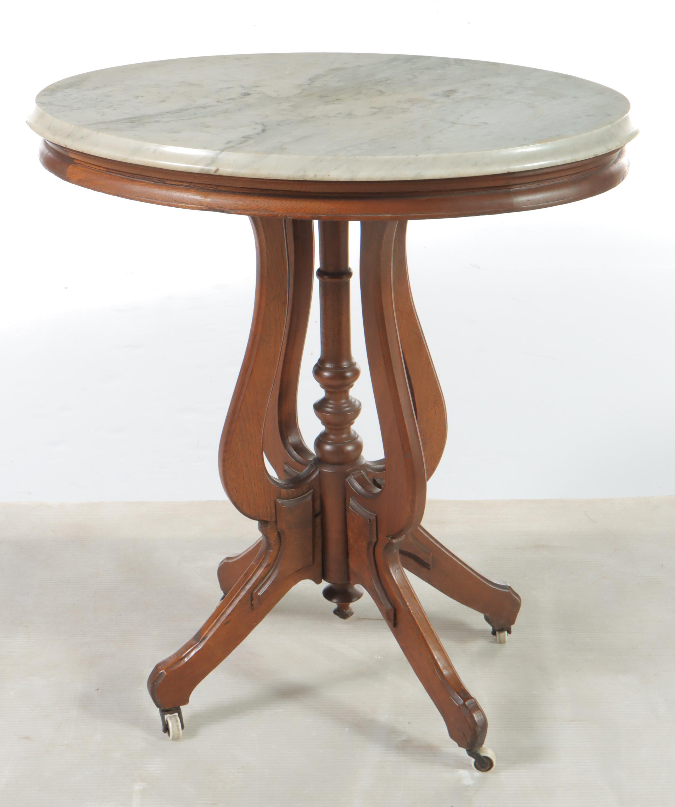 Victorian Walnut, Burl Walnut, and White Marble Side Table, Late 19th Century