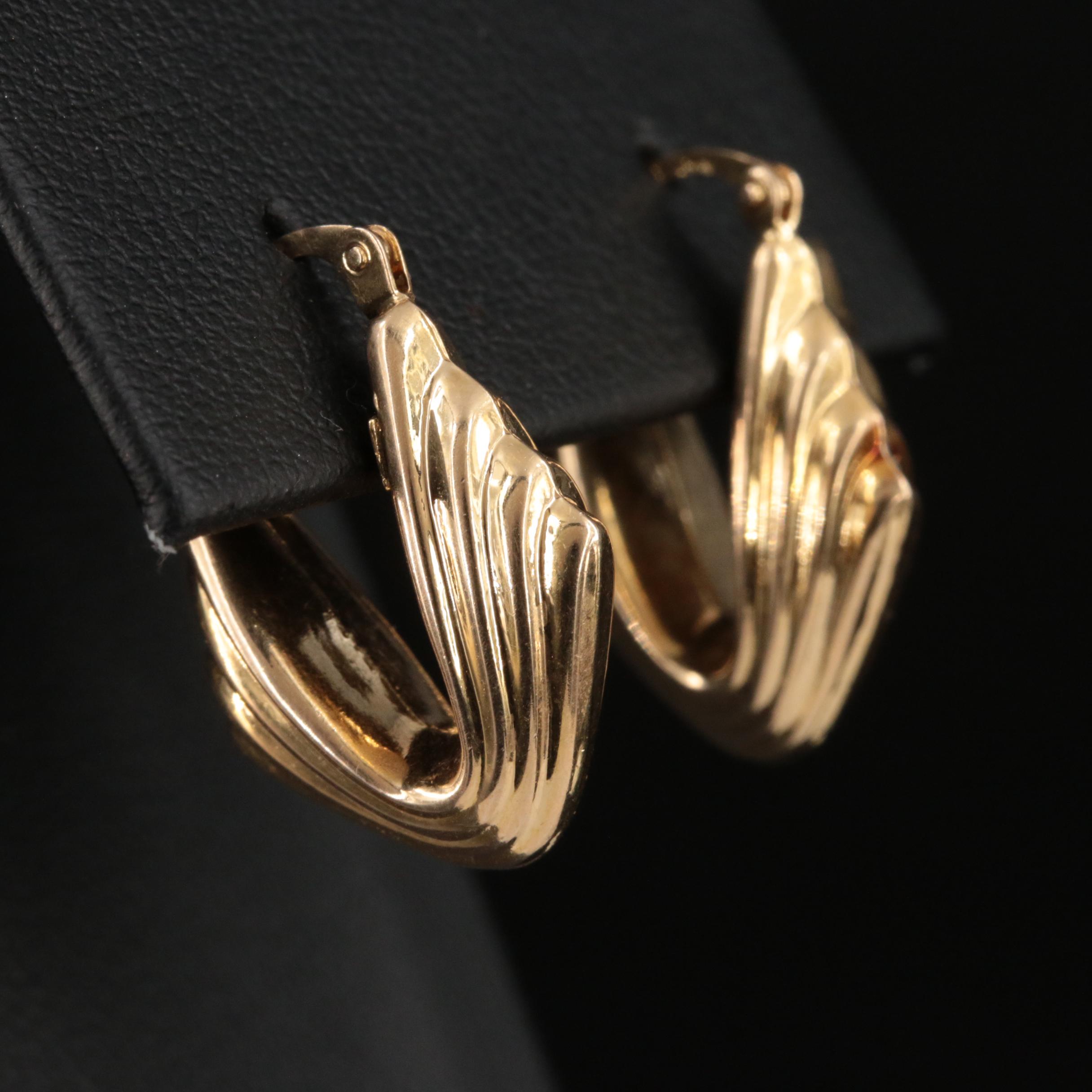 Italian 14K Fluted  Elongated  Hoop Earrings