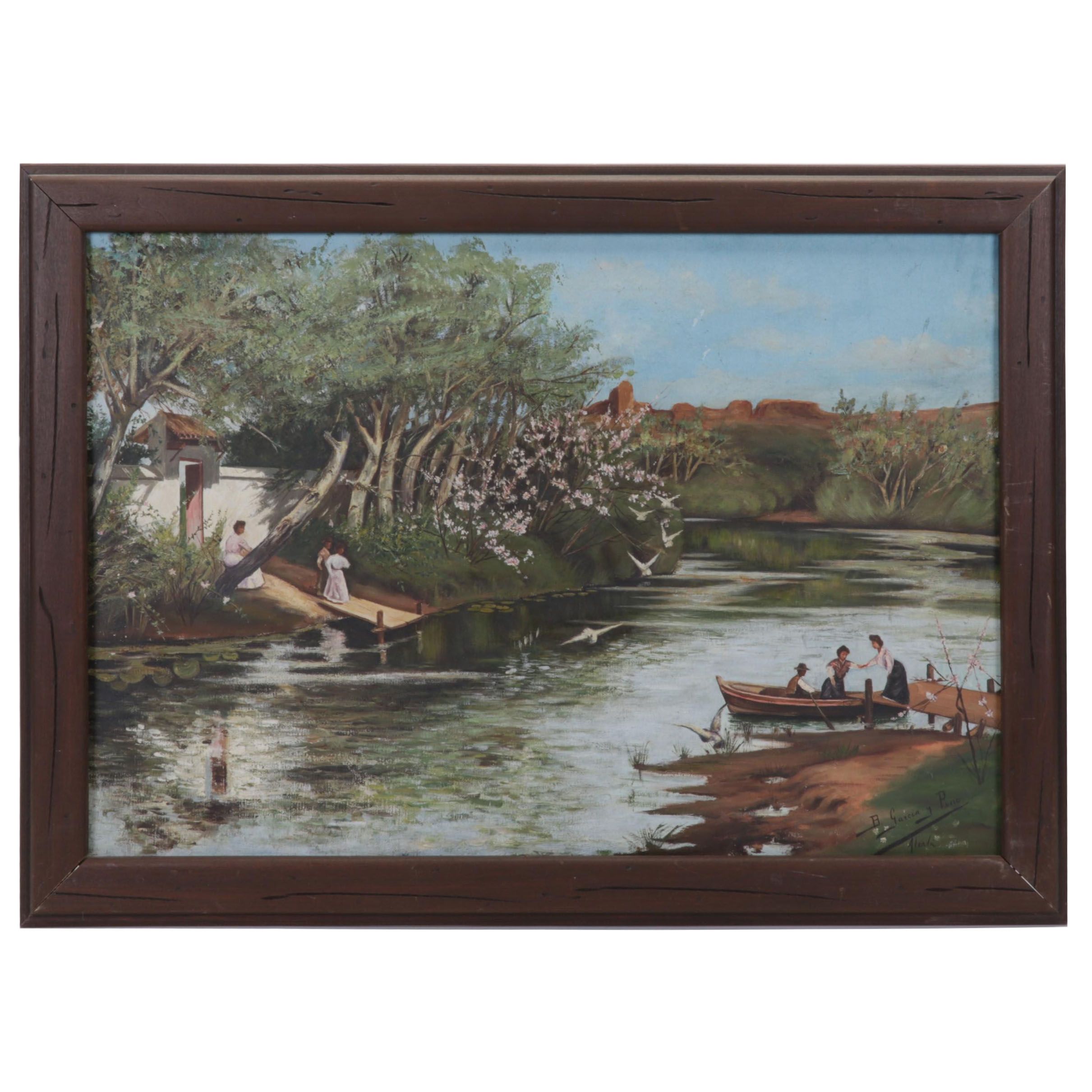 Baldomero Garcia Oil Painting of Rowboat on Riverside, Mid-20th Century
