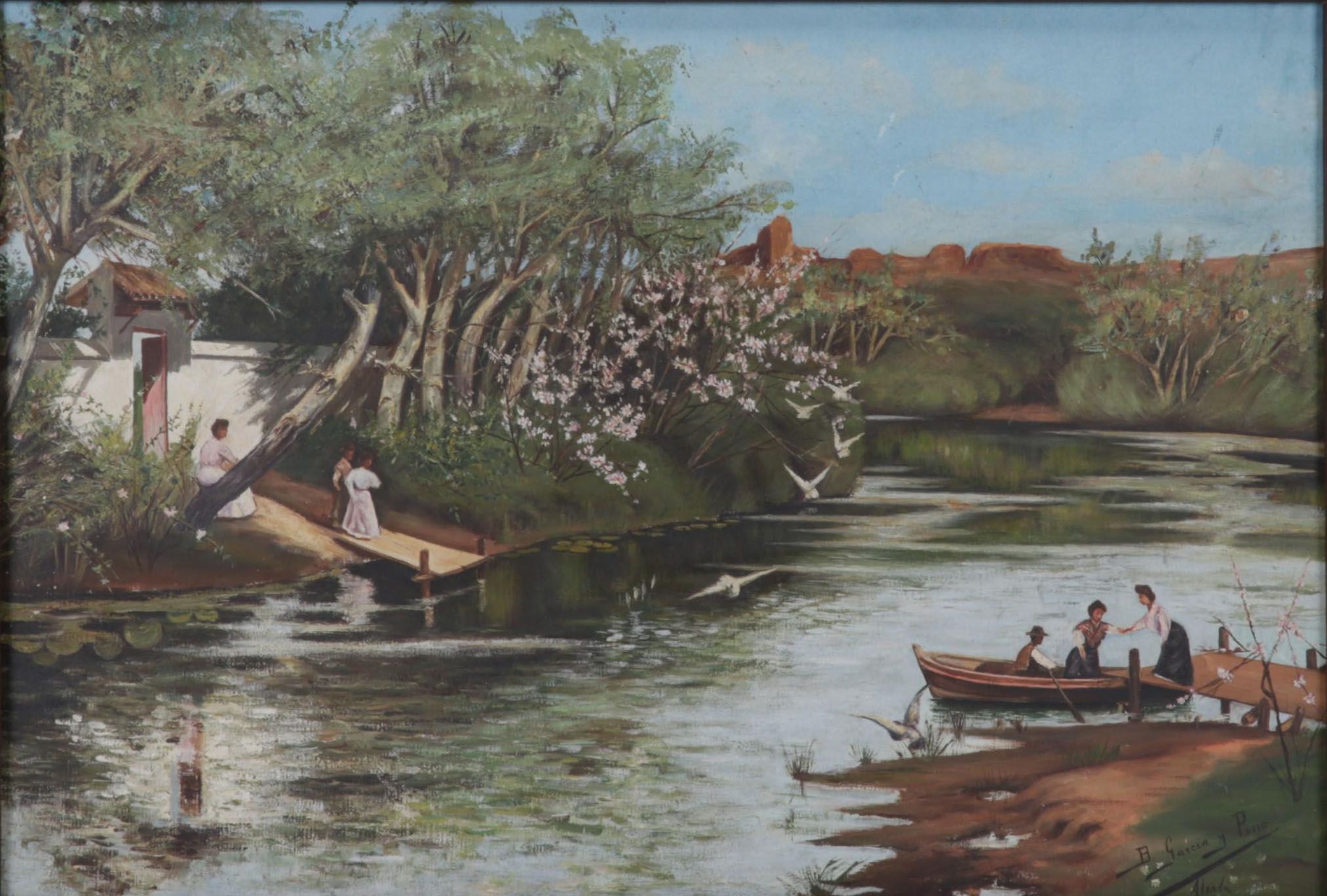 Baldomero Garcia Oil Painting of Rowboat on Riverside, Mid-20th Century