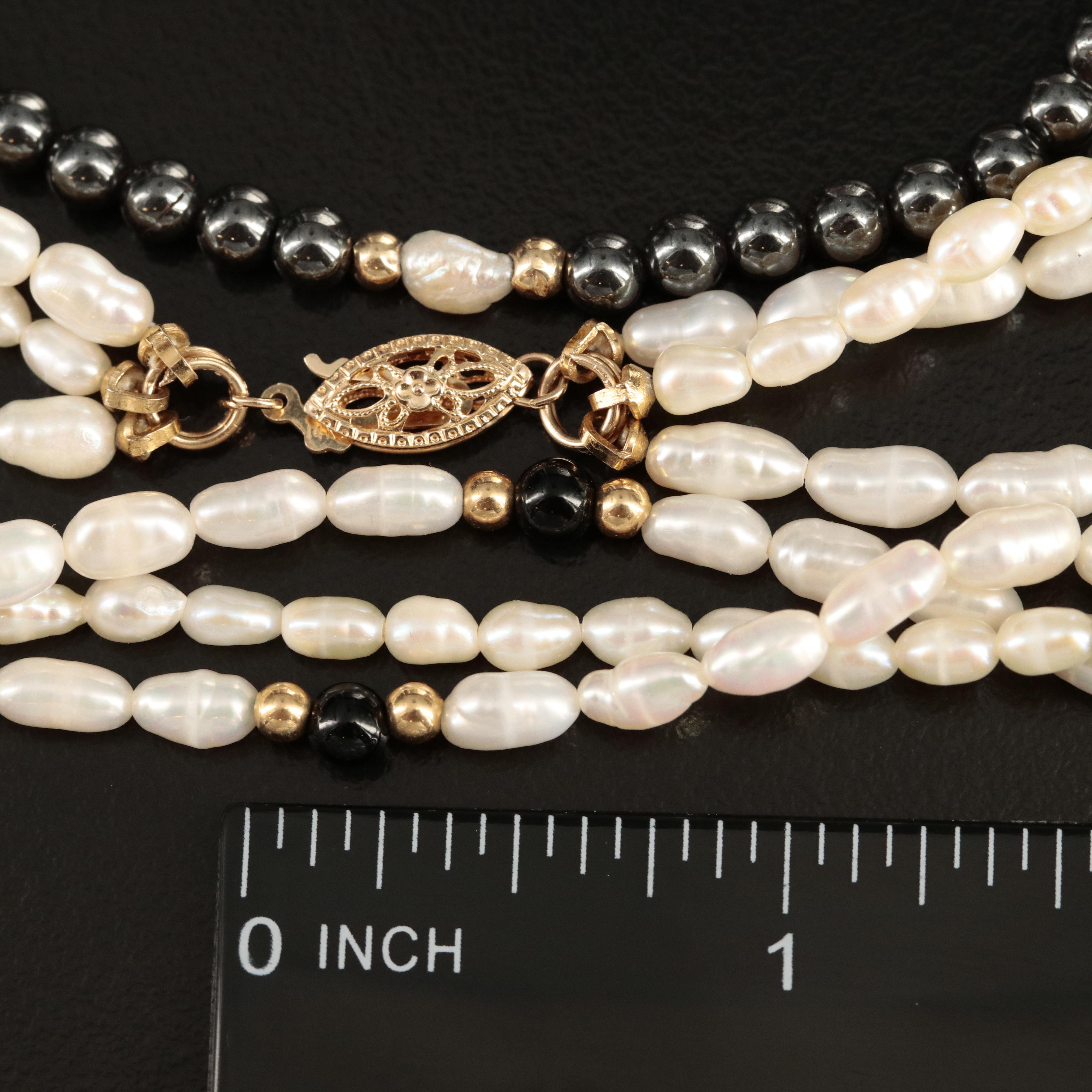 14K Pearl and Black Onyx Necklace with 14K Pearl and Faux Hematite Bracelet