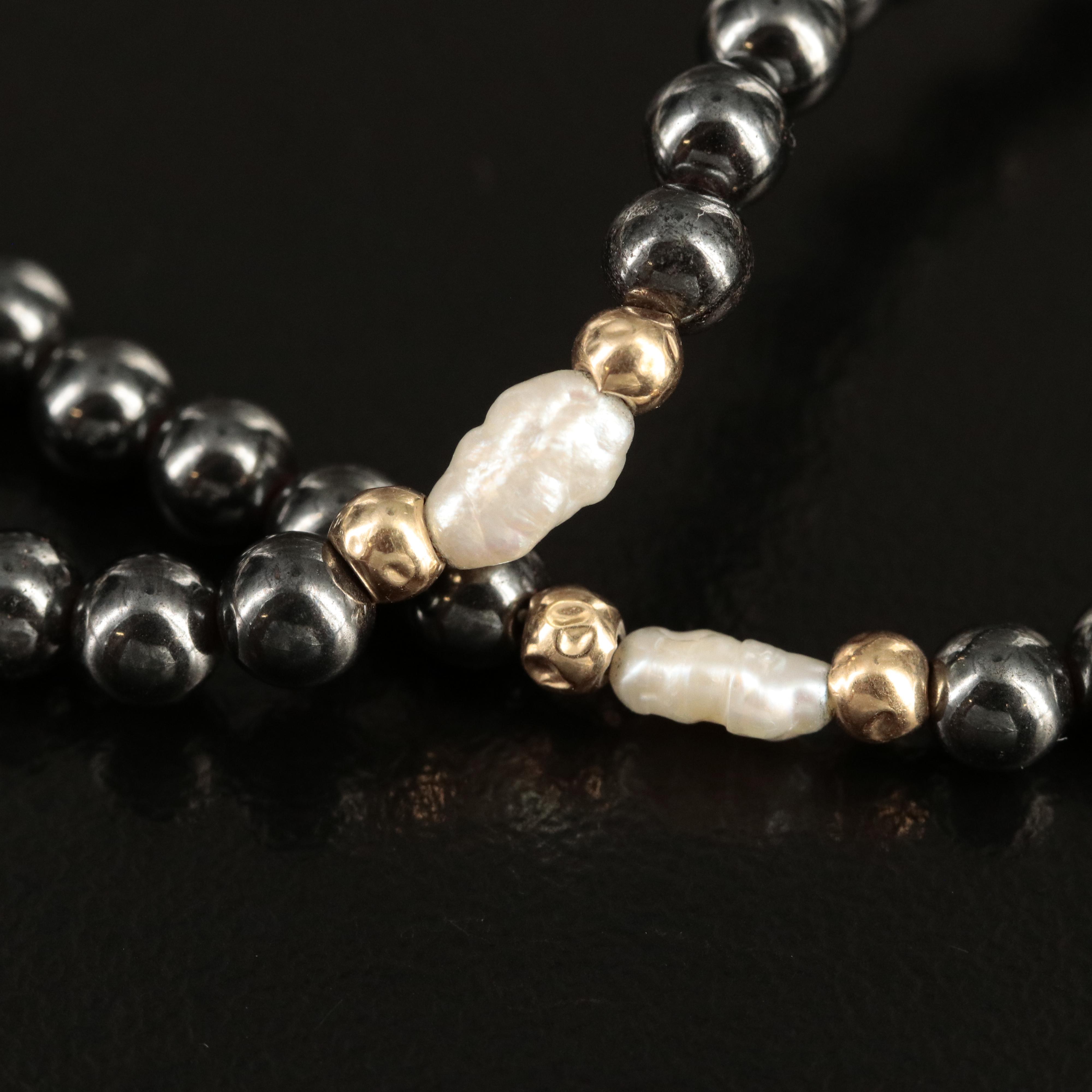 14K Pearl and Black Onyx Necklace with 14K Pearl and Faux Hematite Bracelet