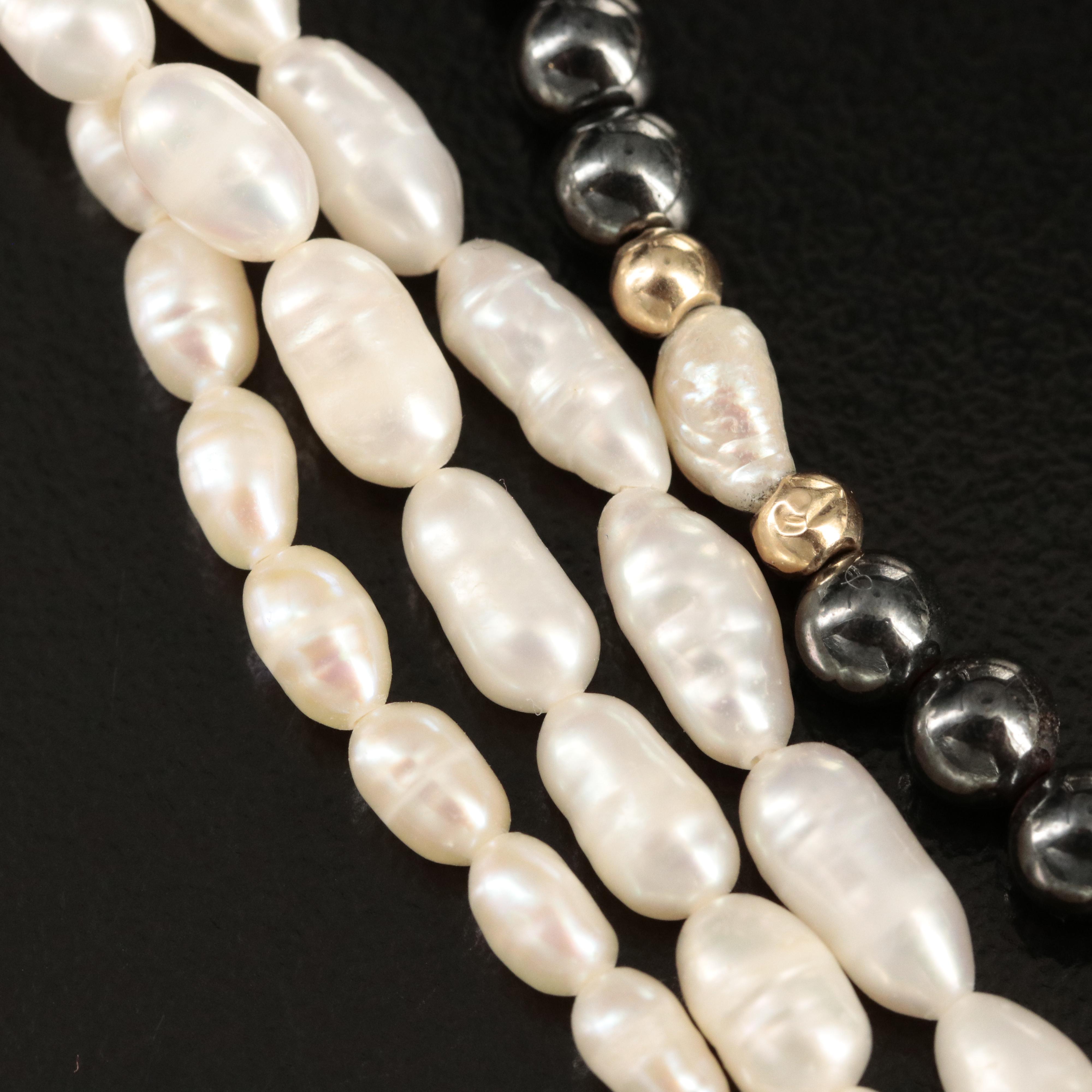 14K Pearl and Black Onyx Necklace with 14K Pearl and Faux Hematite Bracelet