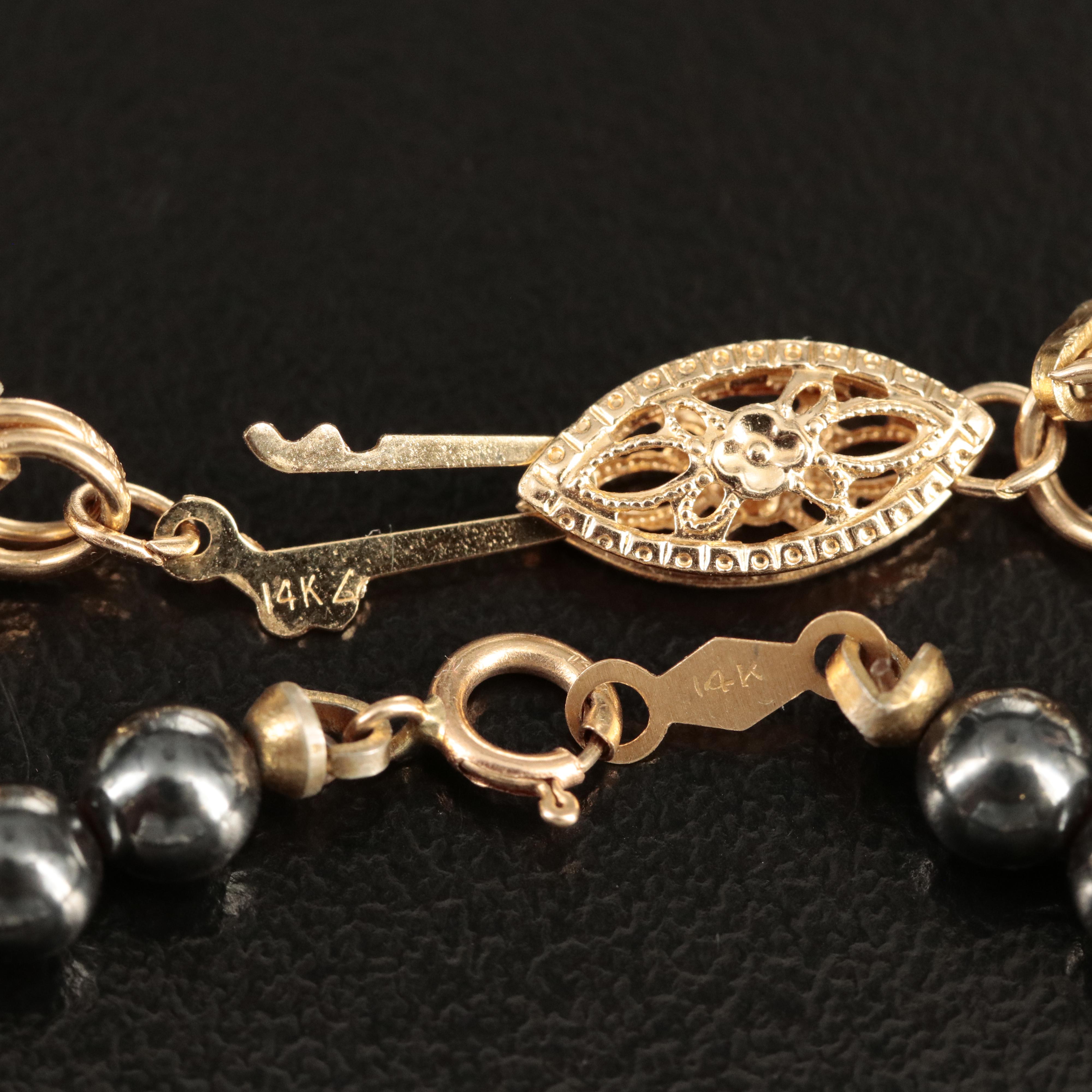 14K Pearl and Black Onyx Necklace with 14K Pearl and Faux Hematite Bracelet
