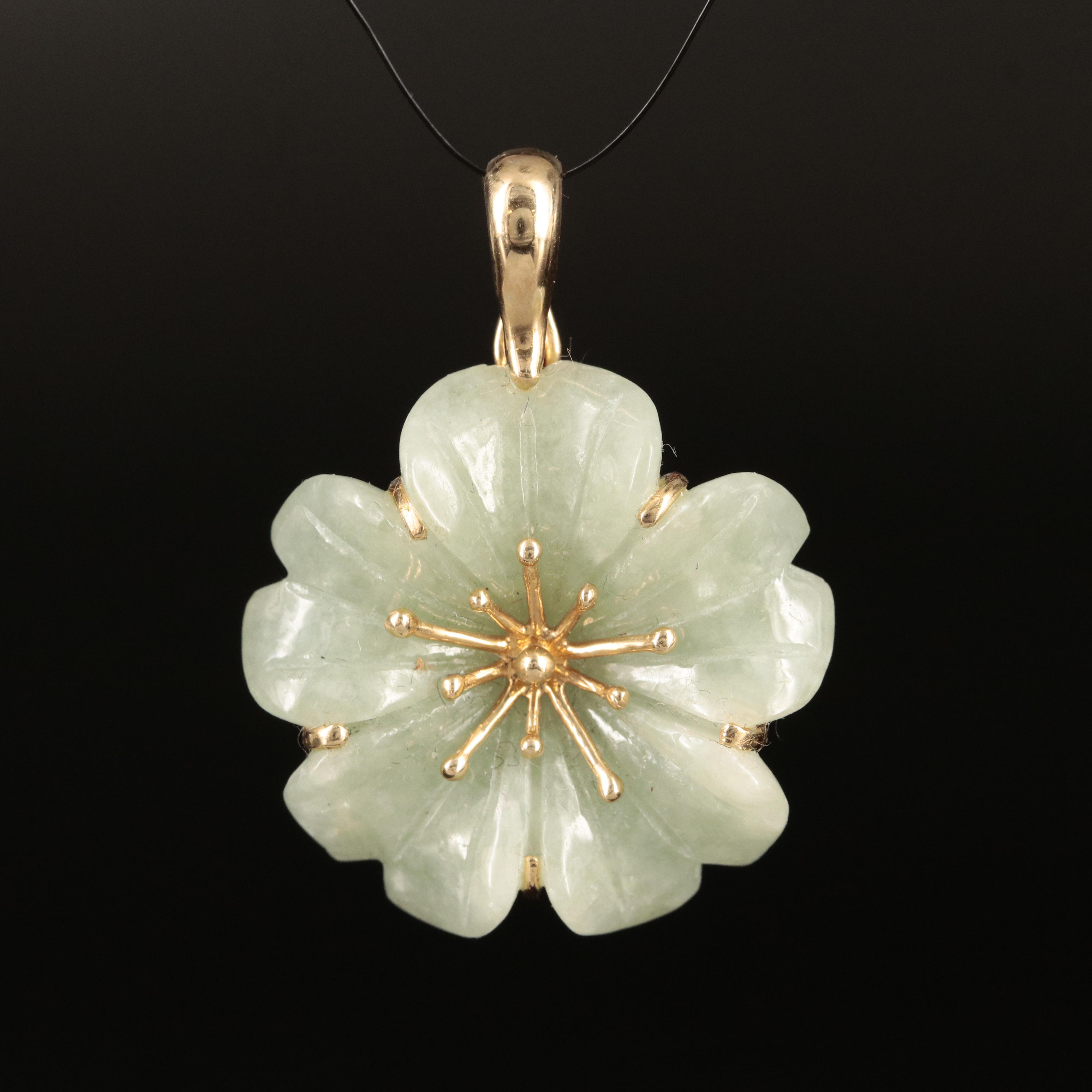 14K Carved Jadeite Flower Enhancer Pendant