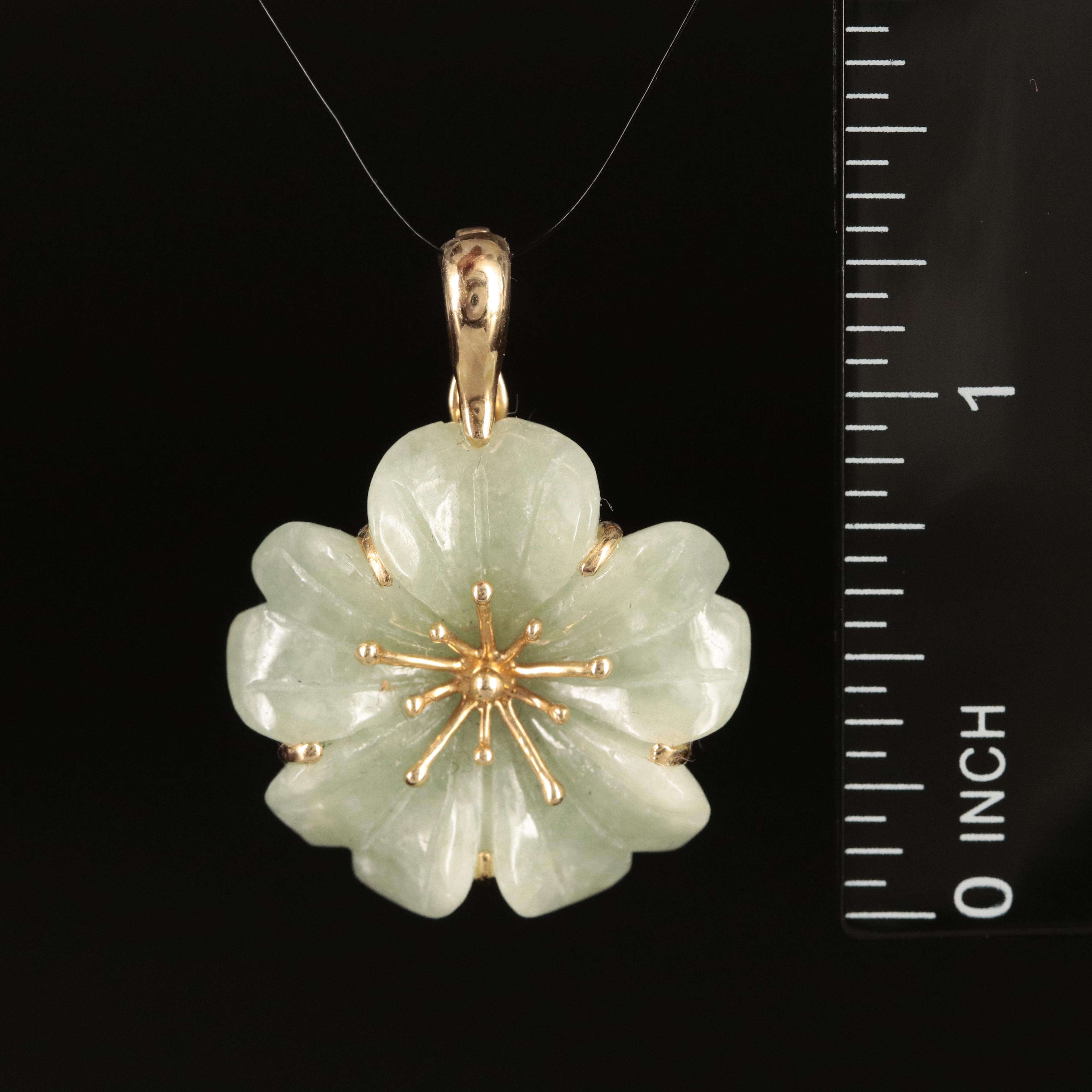 14K Carved Jadeite Flower Enhancer Pendant