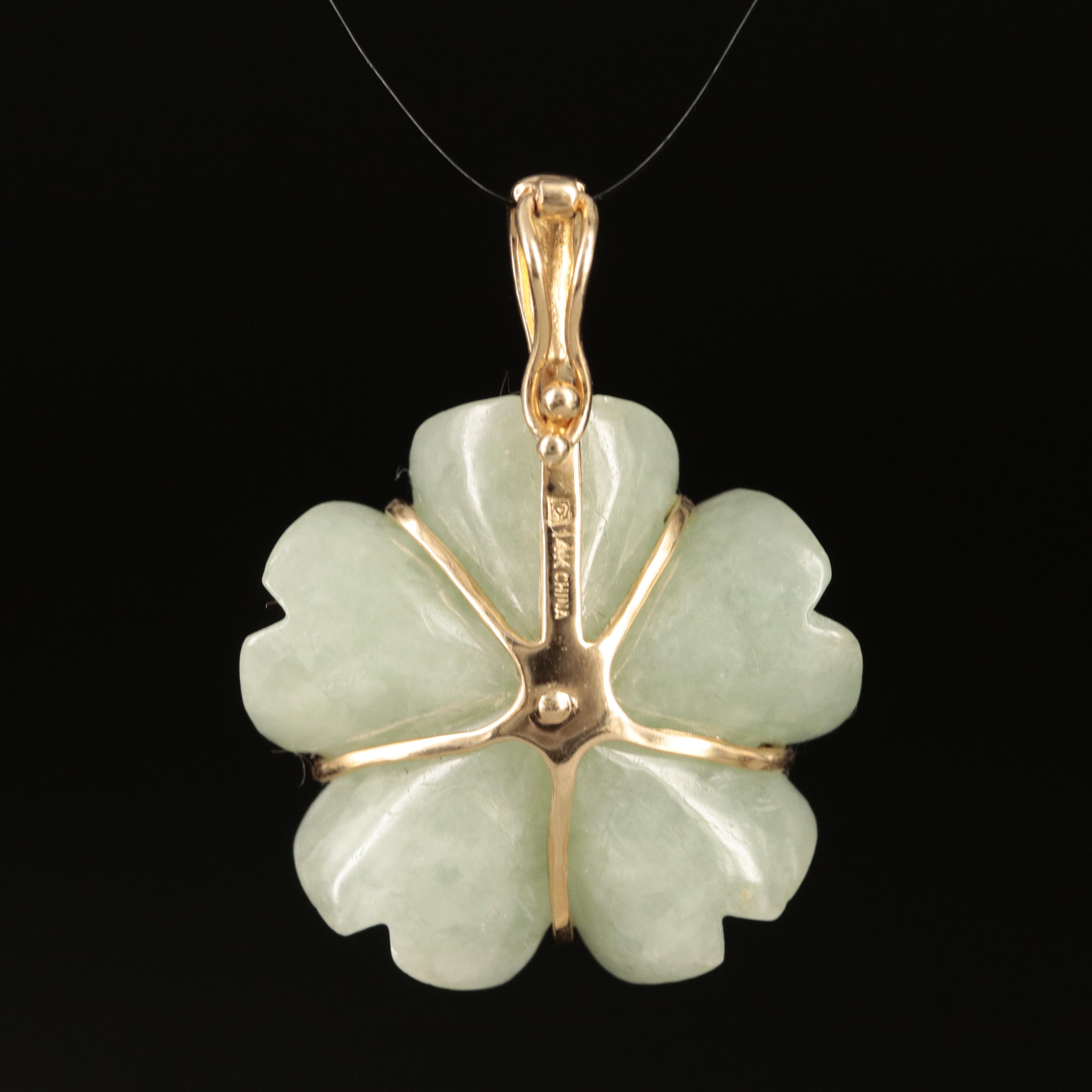 14K Carved Jadeite Flower Enhancer Pendant