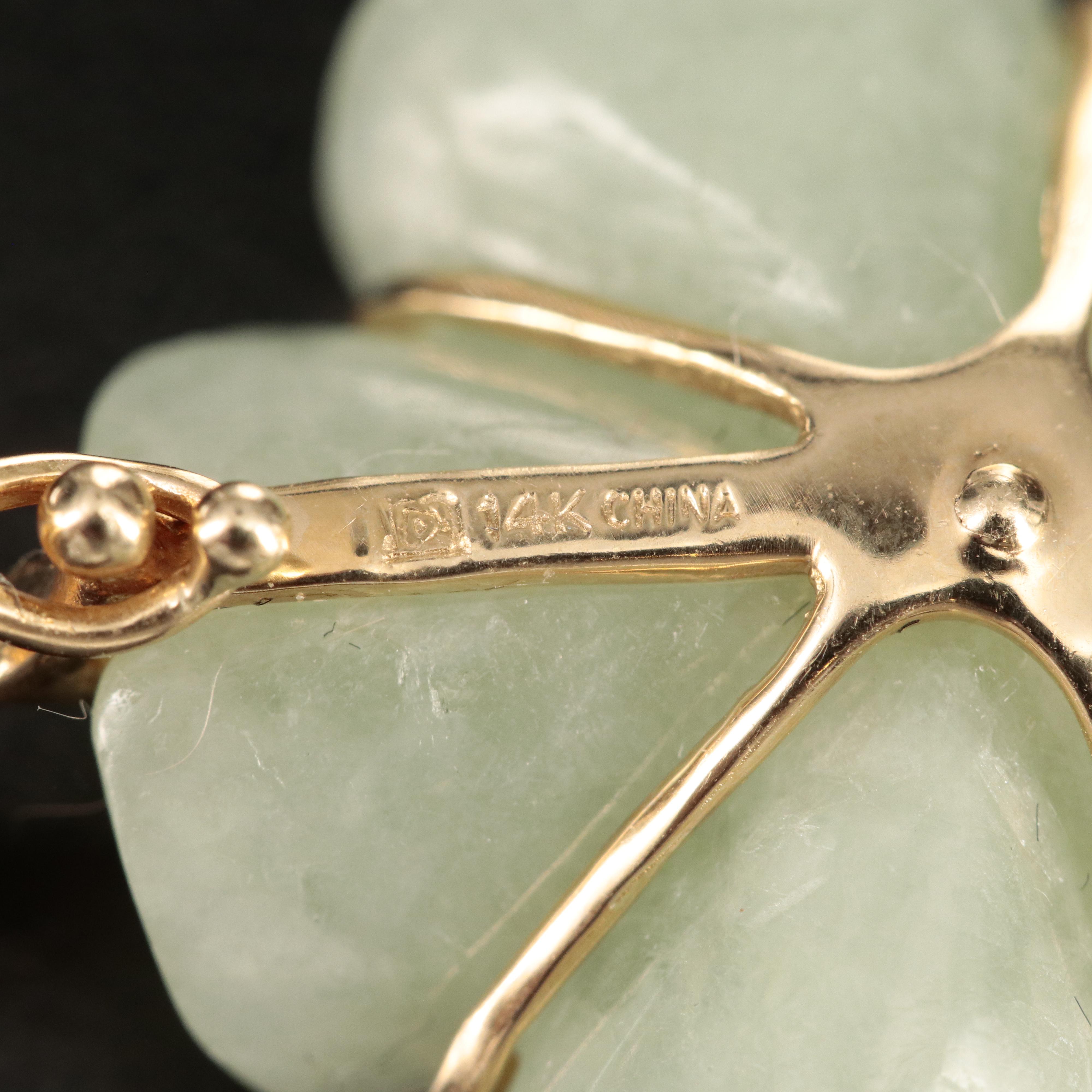 14K Carved Jadeite Flower Enhancer Pendant