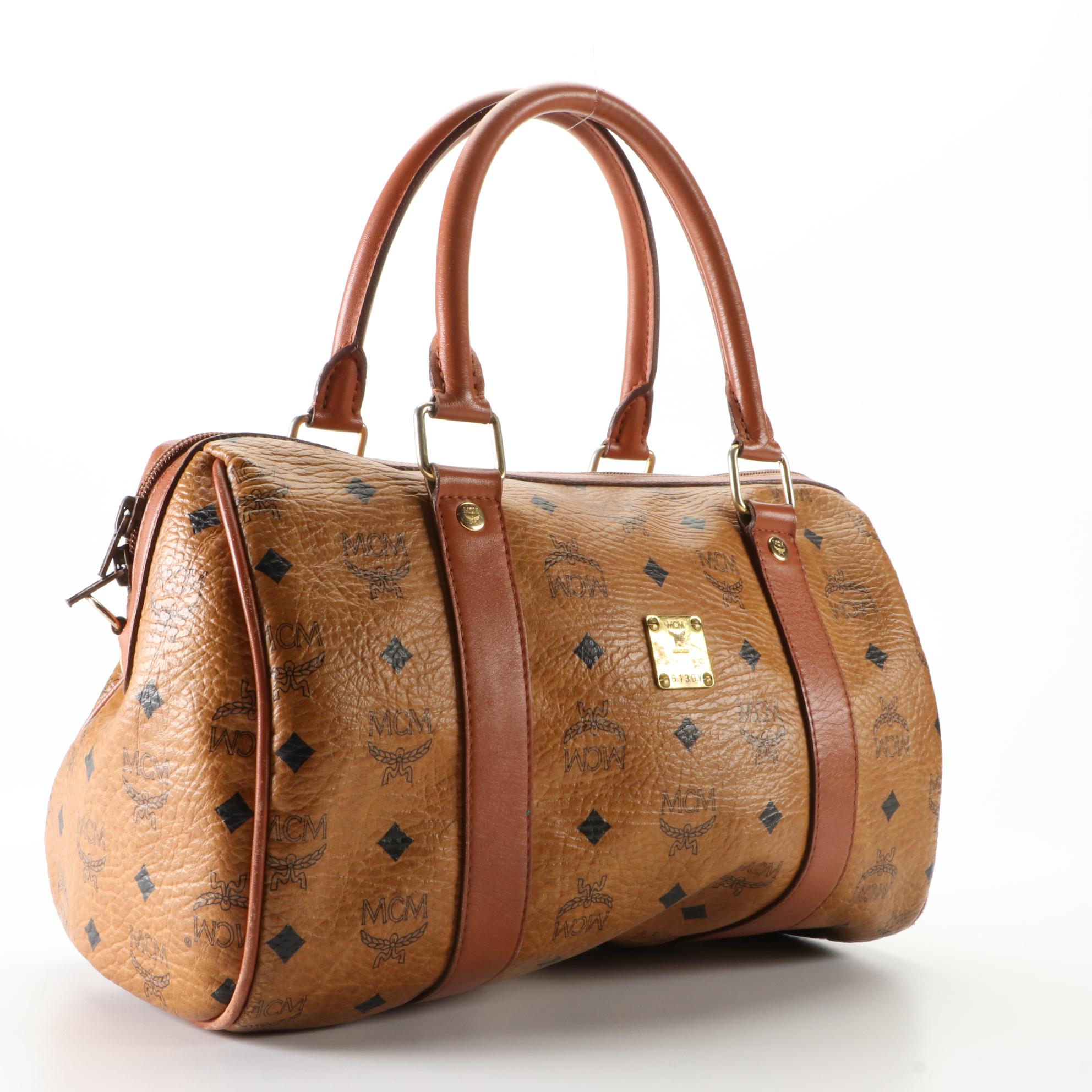 MCM Golf Collection Boston Bag in Visetos Coated Canvas and Cognac Leather