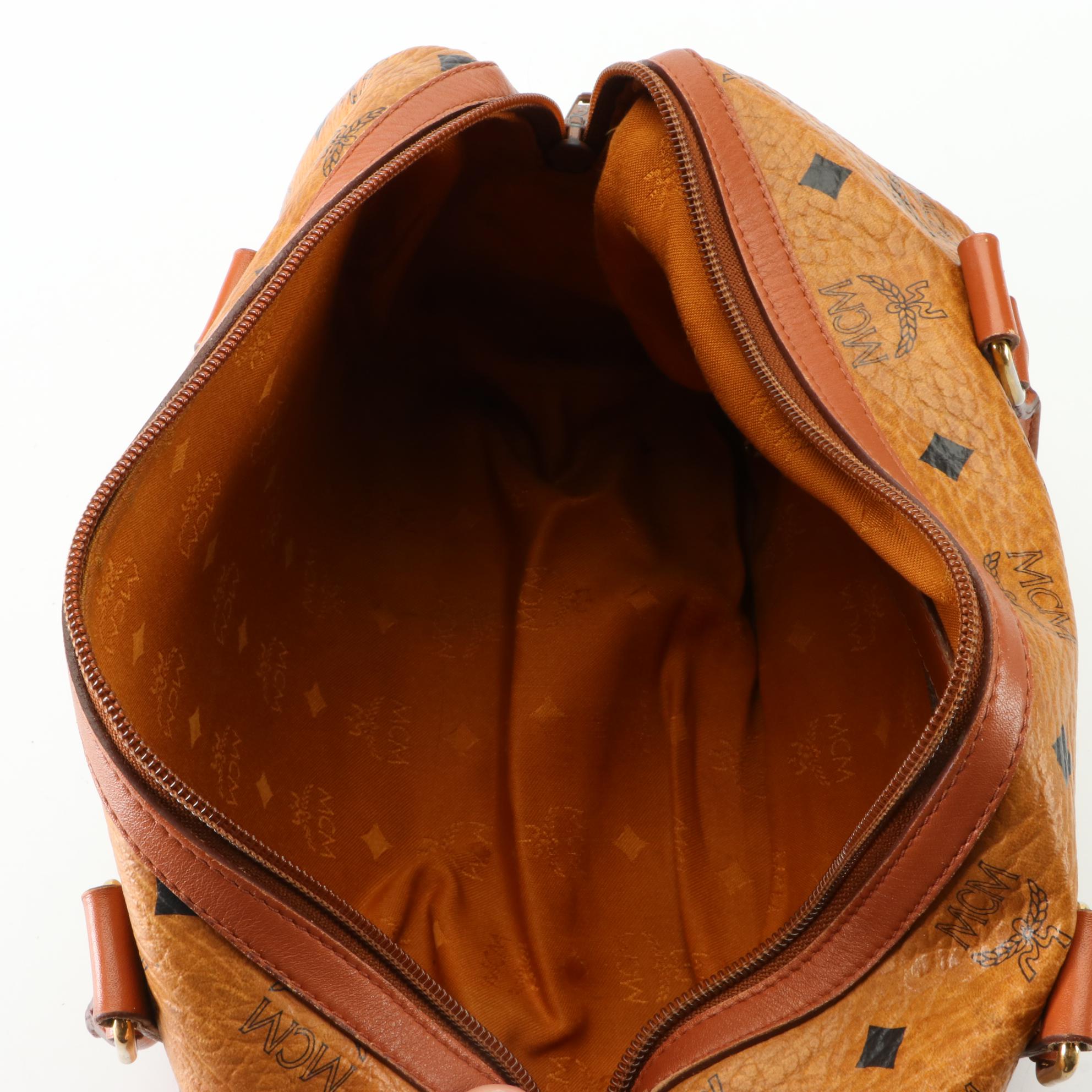 MCM Golf Collection Boston Bag in Visetos Coated Canvas and Cognac Leather