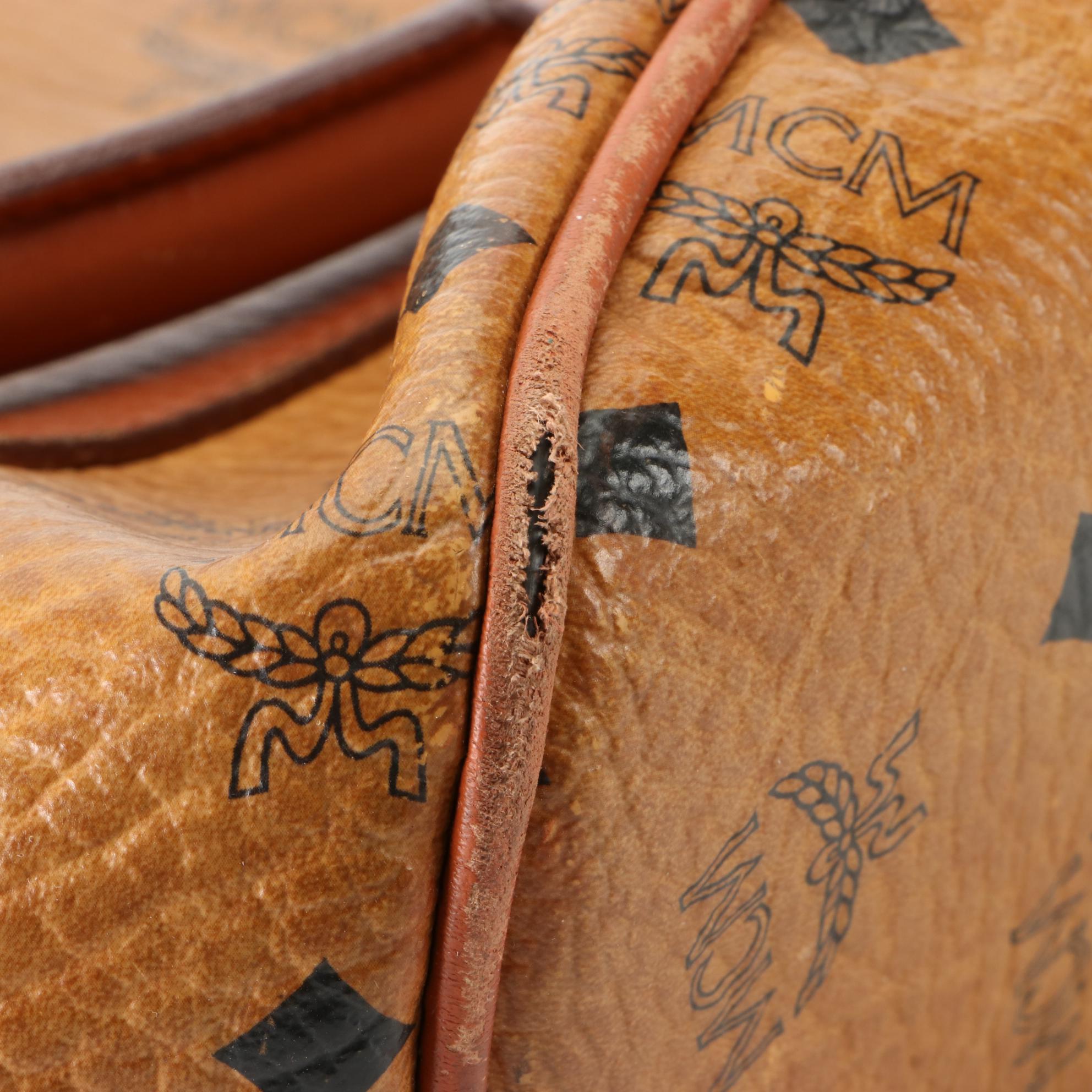 MCM Golf Collection Boston Bag in Visetos Coated Canvas and Cognac Leather