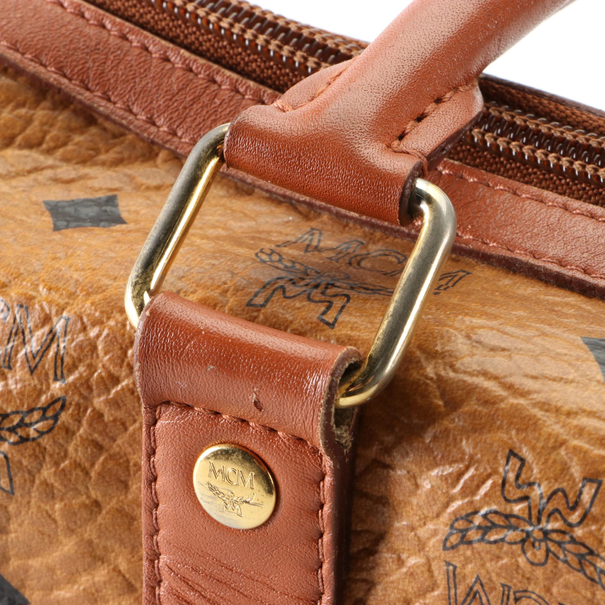 MCM Golf Collection Boston Bag in Visetos Coated Canvas and Cognac Leather