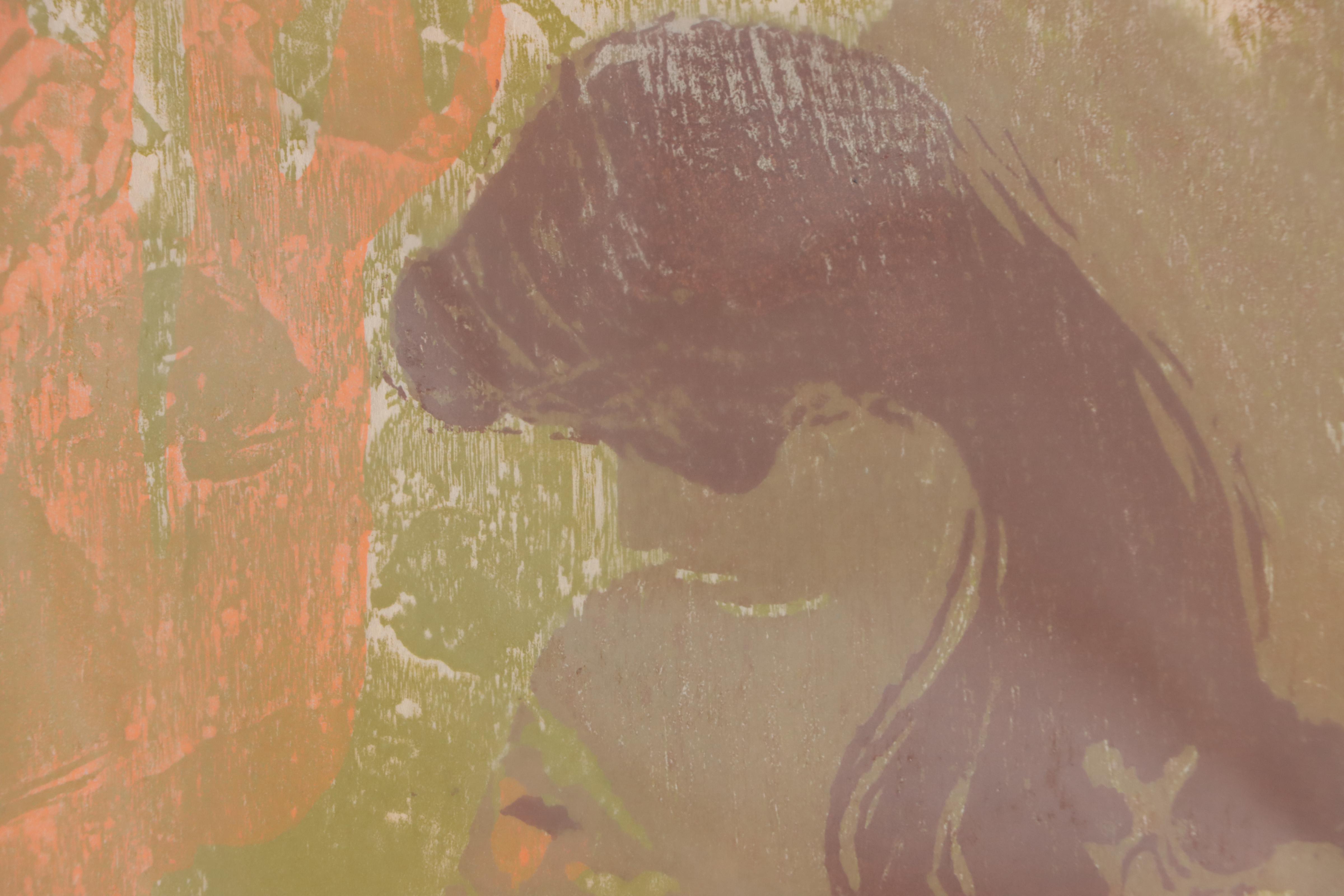 Bruce Currie Woodcut "Girl With Bird," Mid-20th Century