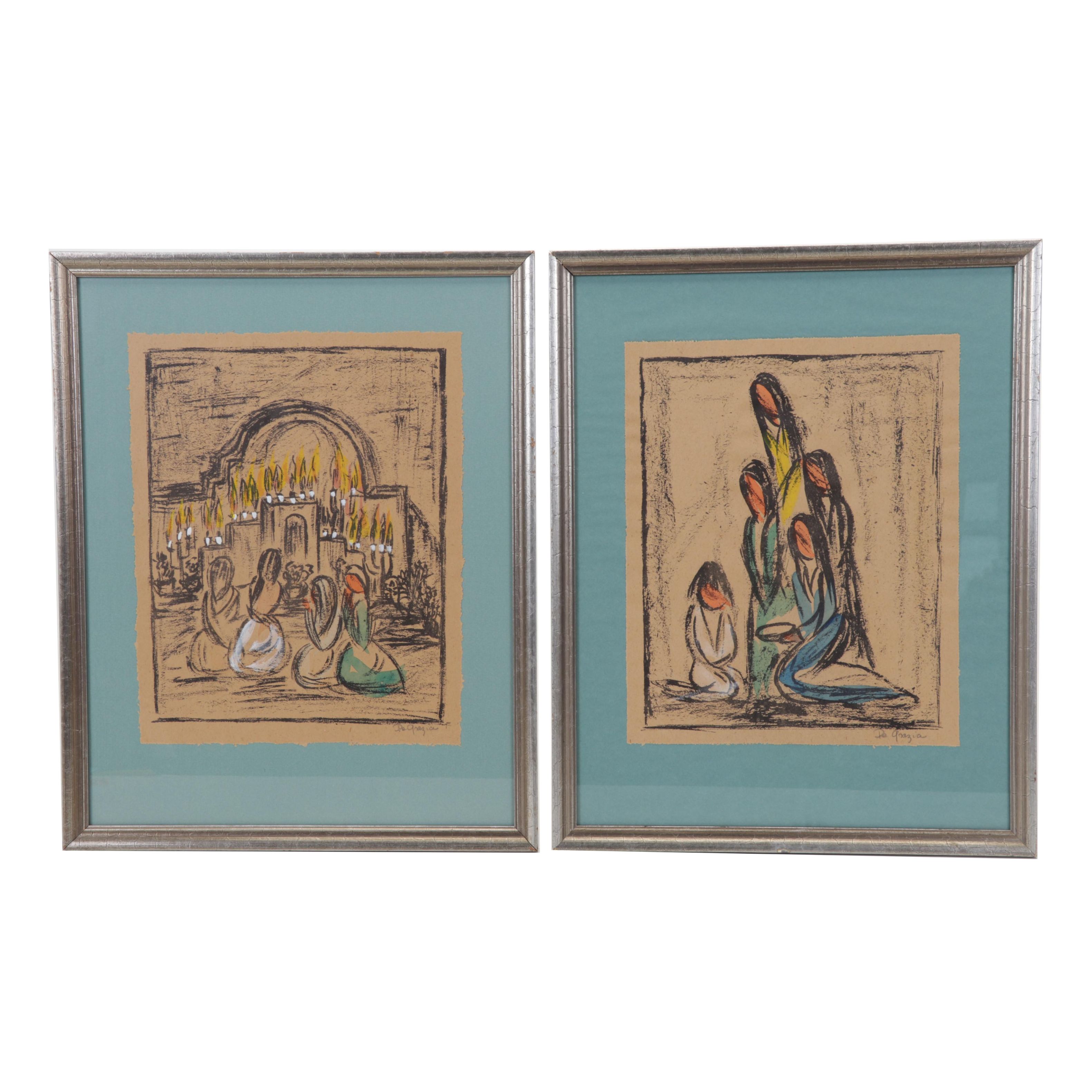Ted De Grazia Hand-Colored Lithographs of Kneeling Figures, Circa 1965